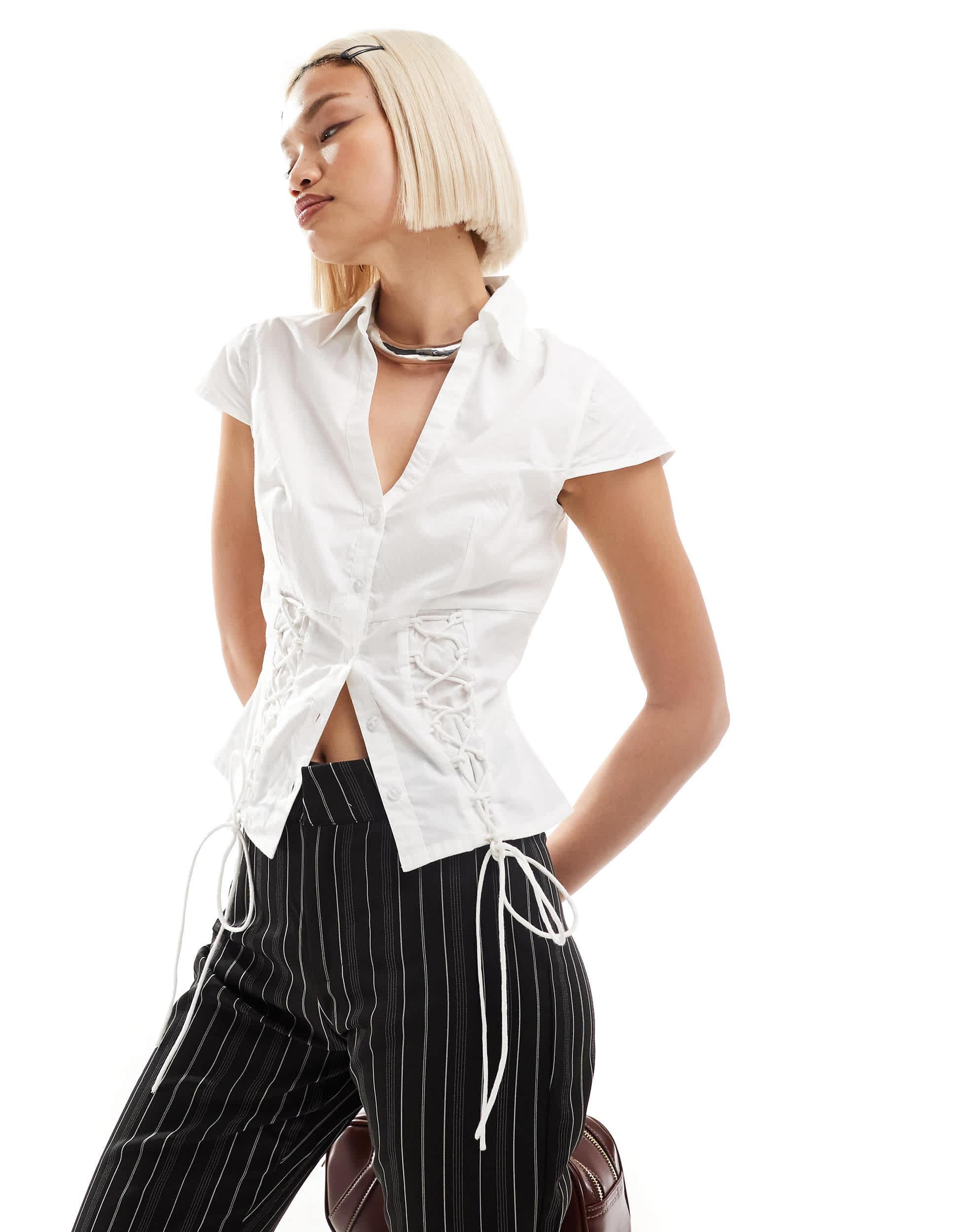 COLLUSION fitted corset shirt with cap sleeves in white