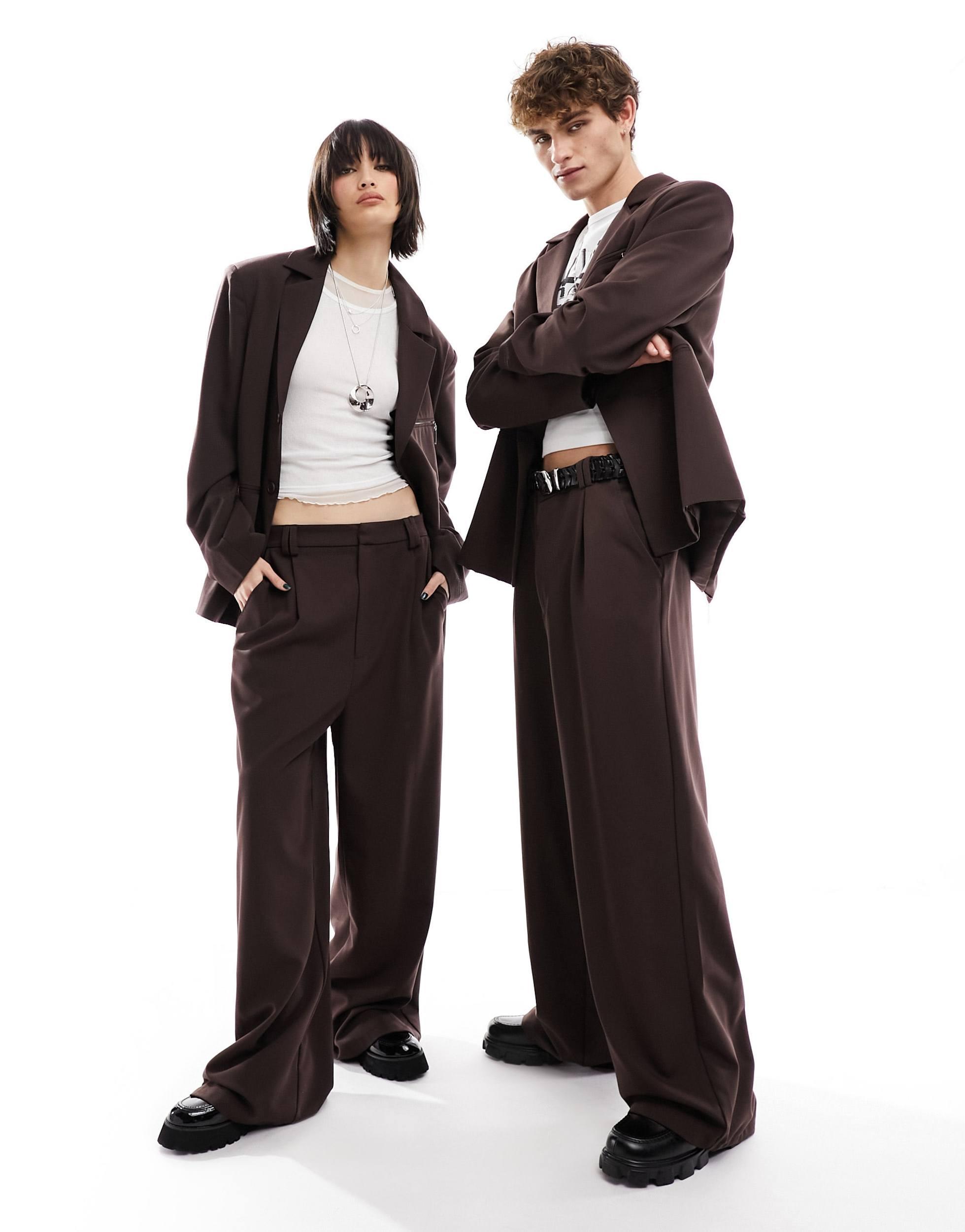 COLLUSION Unisex ultimate suit pants in dark brown - part of a set