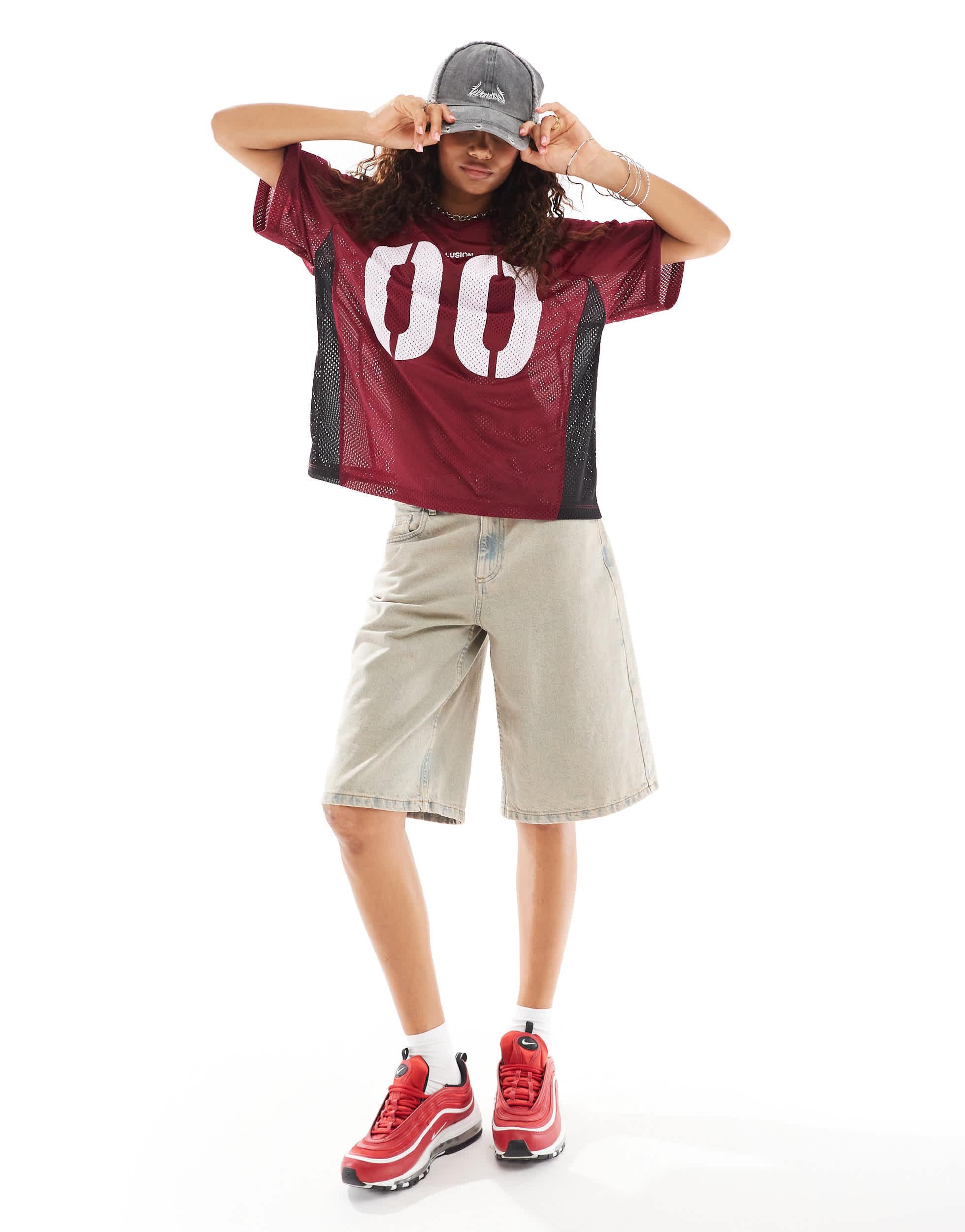 COLLUSION oversized sports tee with number graphic in burgundy