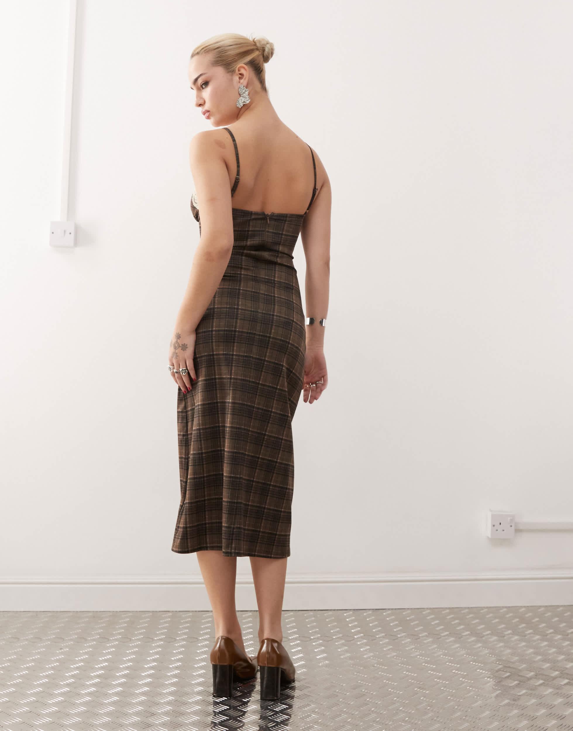 Motel delfina lace edge plaid midaxi dress in brown