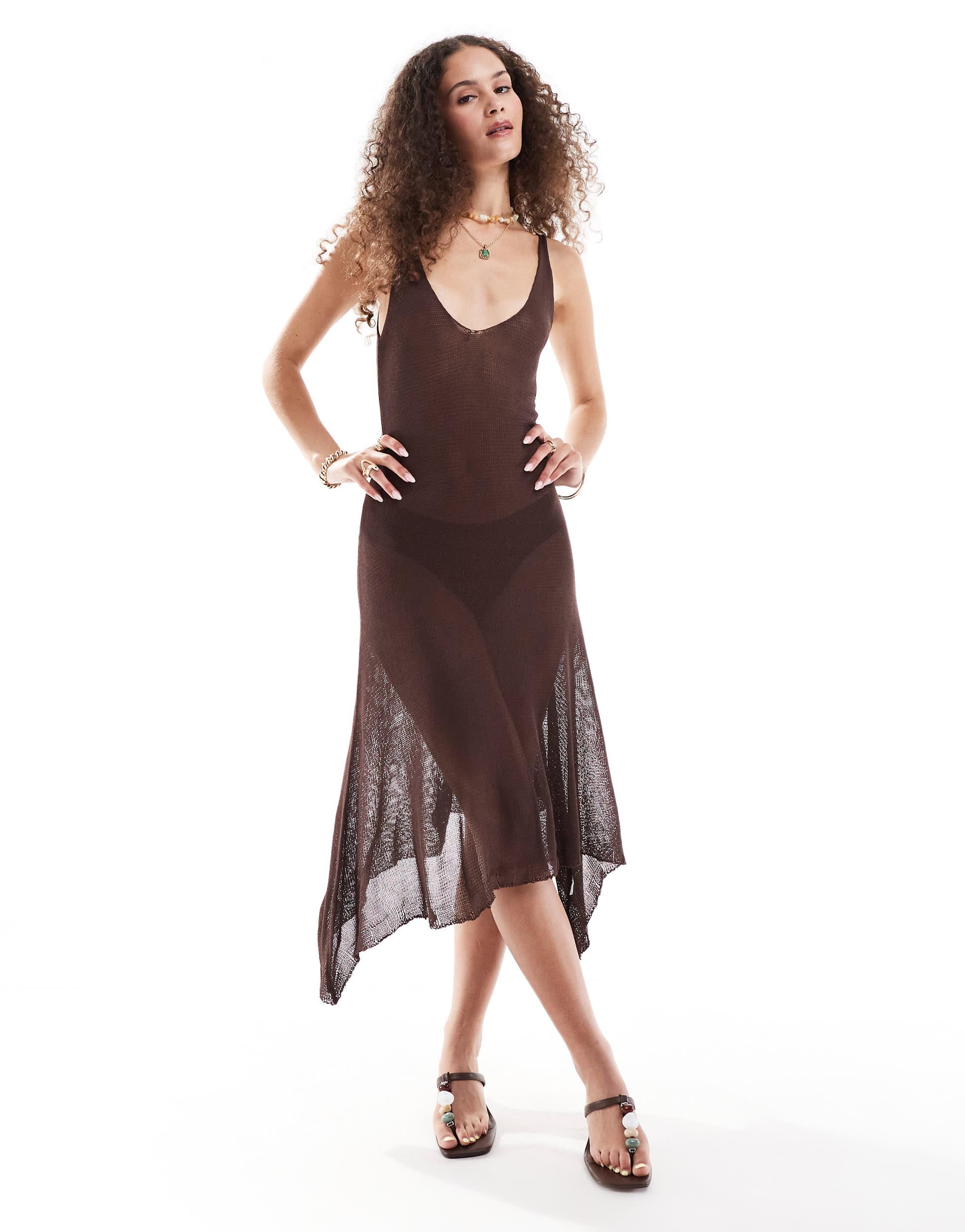 Motel rabindra plunge knit midi dress in bitter chocolate