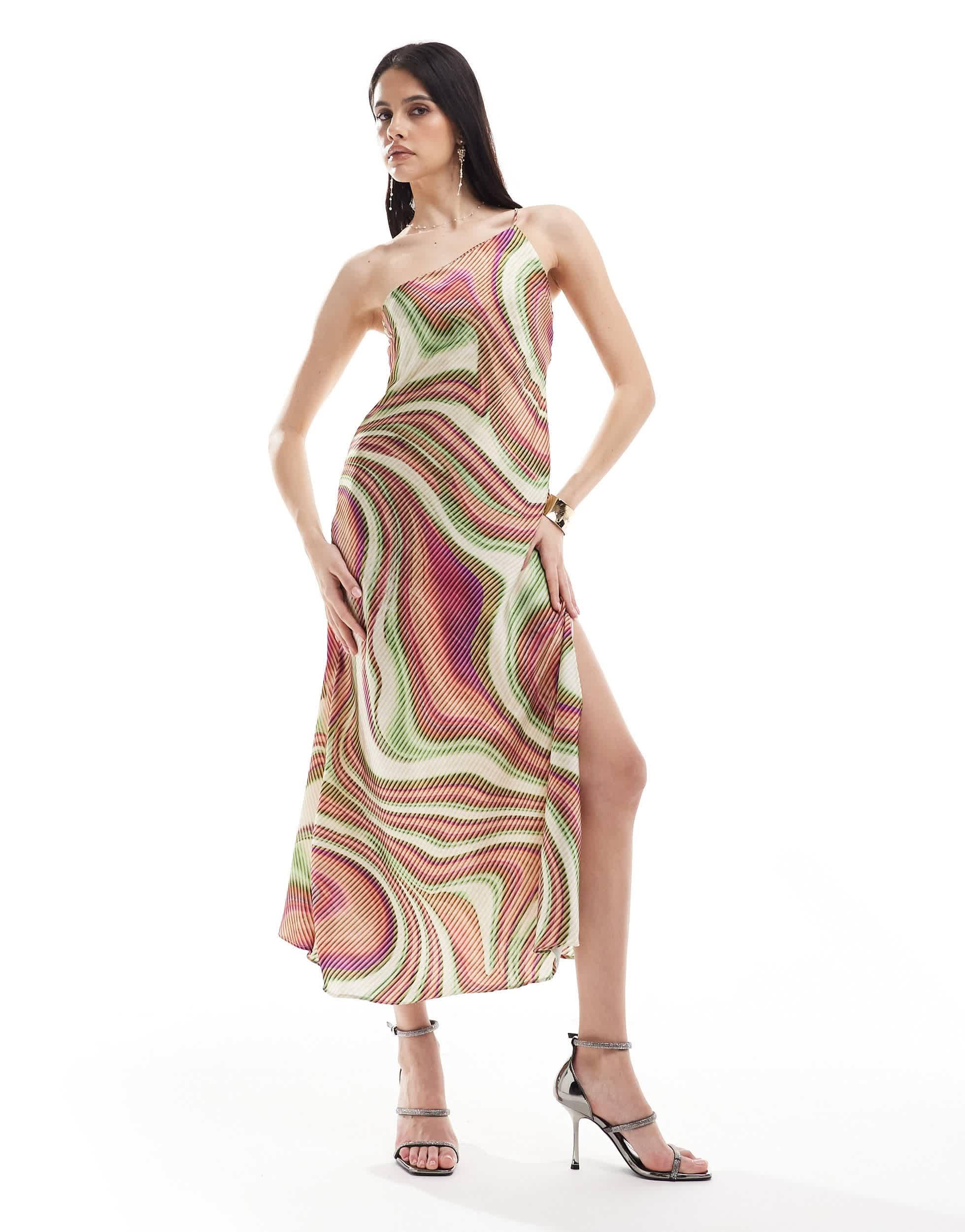 Mango one-shoulder wave print midi dress in pink