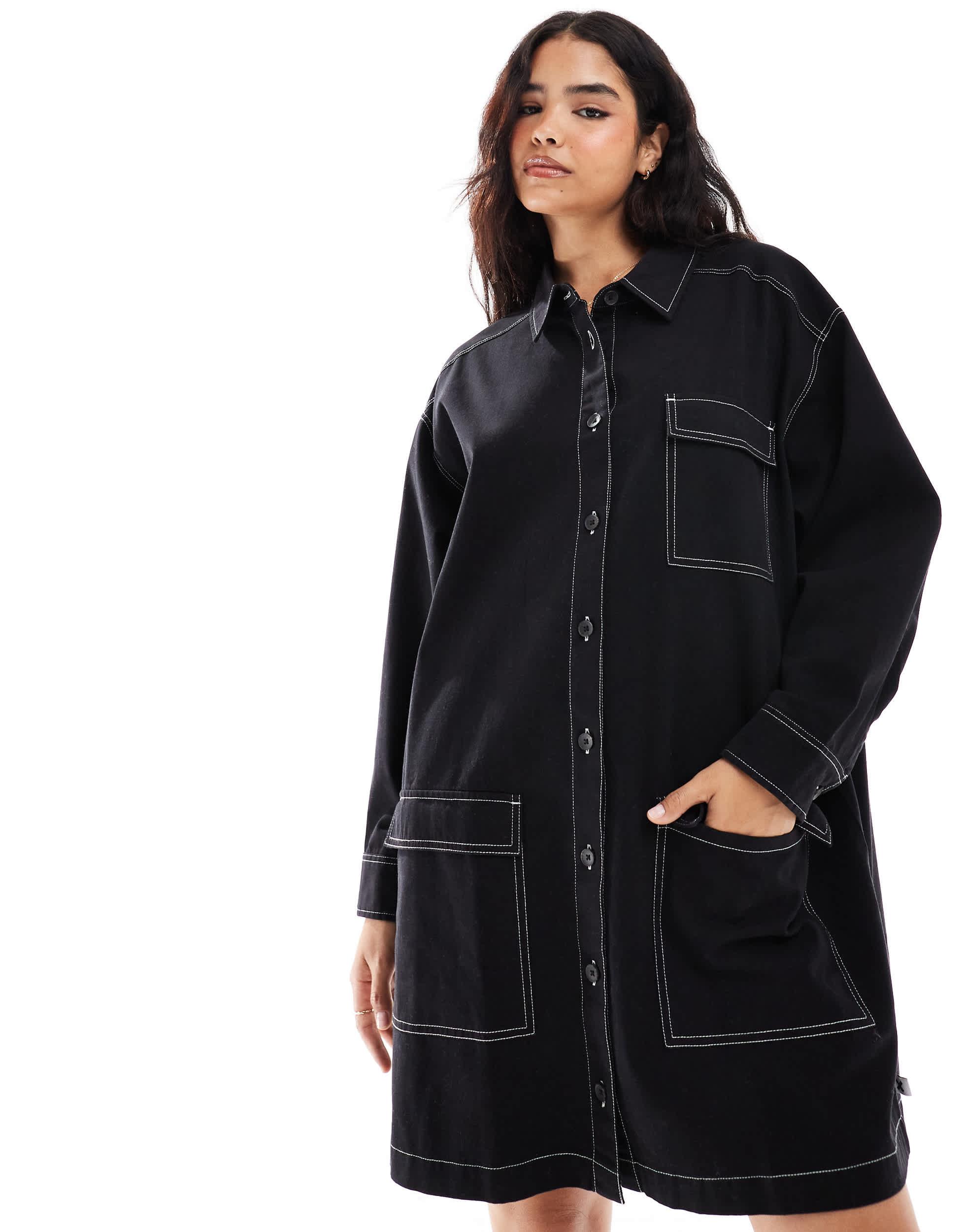 COLLUSION long sleeve twill mini shirt dress with contrast stitch detail in black