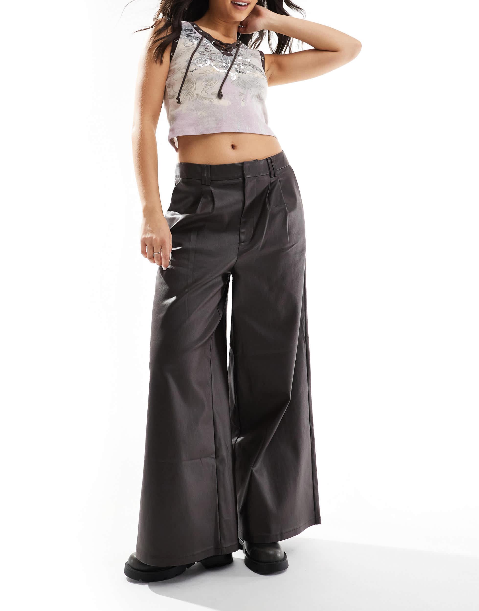 COLLUSION coated wide leg PU pants in brown