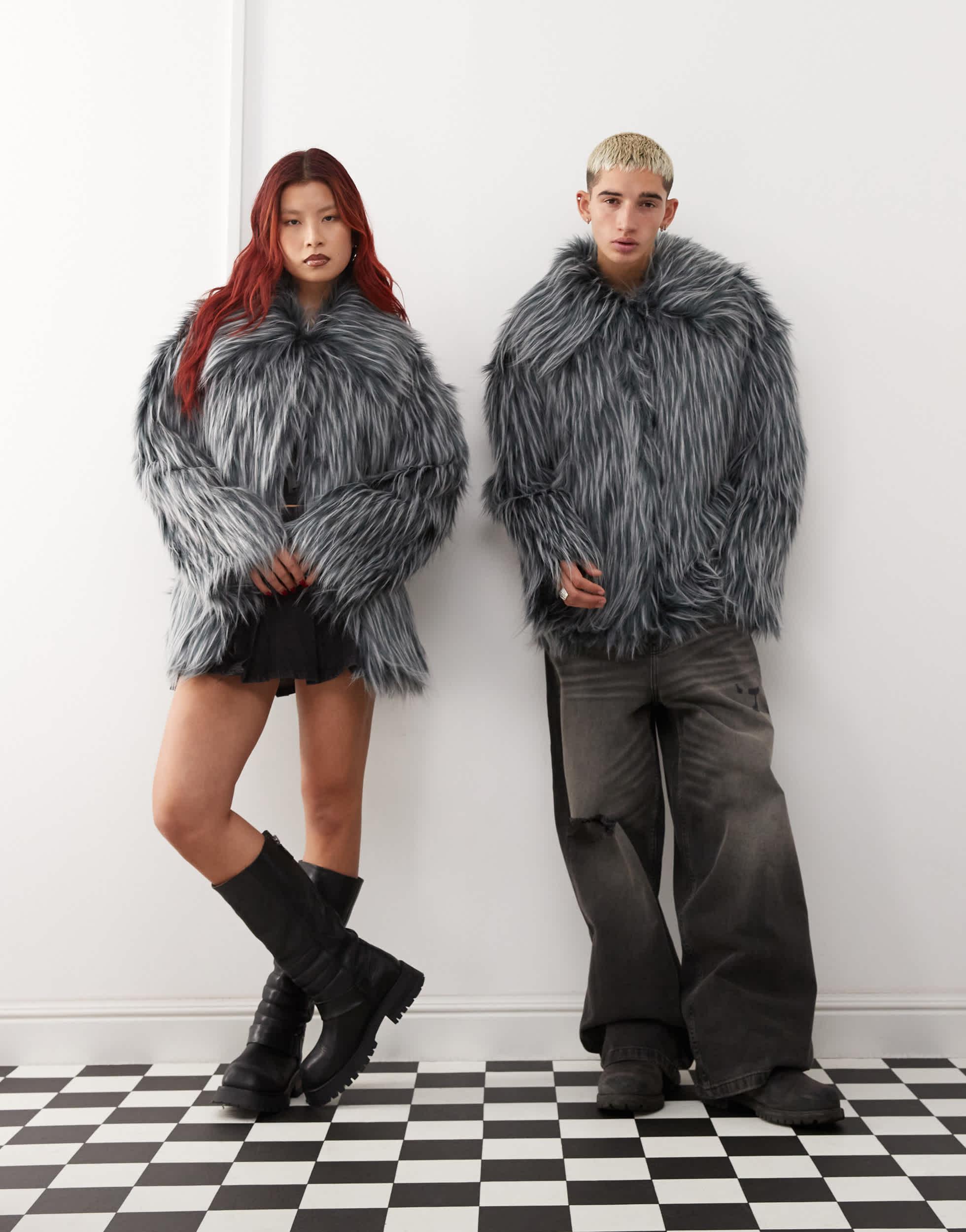 COLLUSION Unisex contrast tipped faux fur jacket in gray