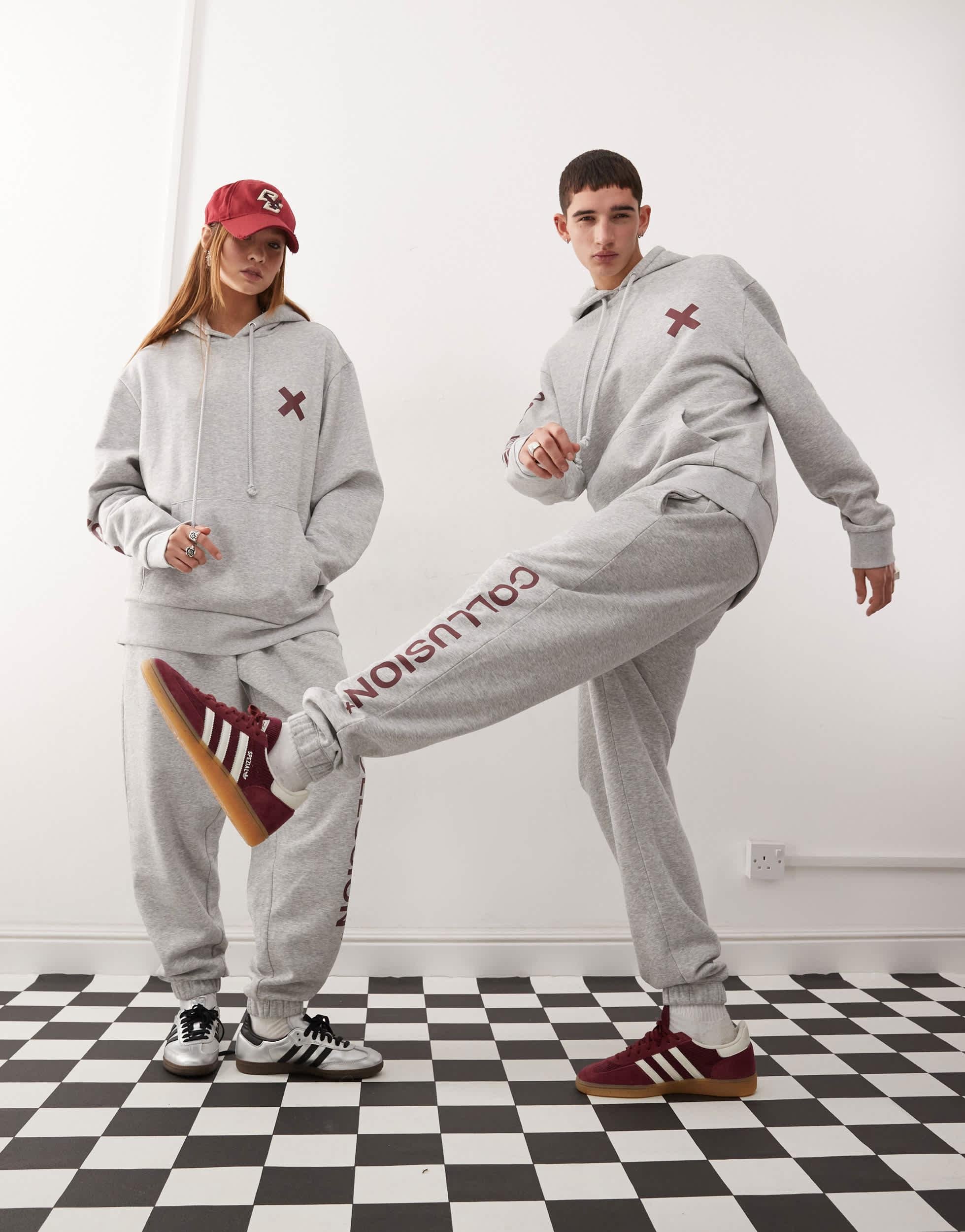 COLLUSION Unisex logo sweatpants in heather gray with burgundy print