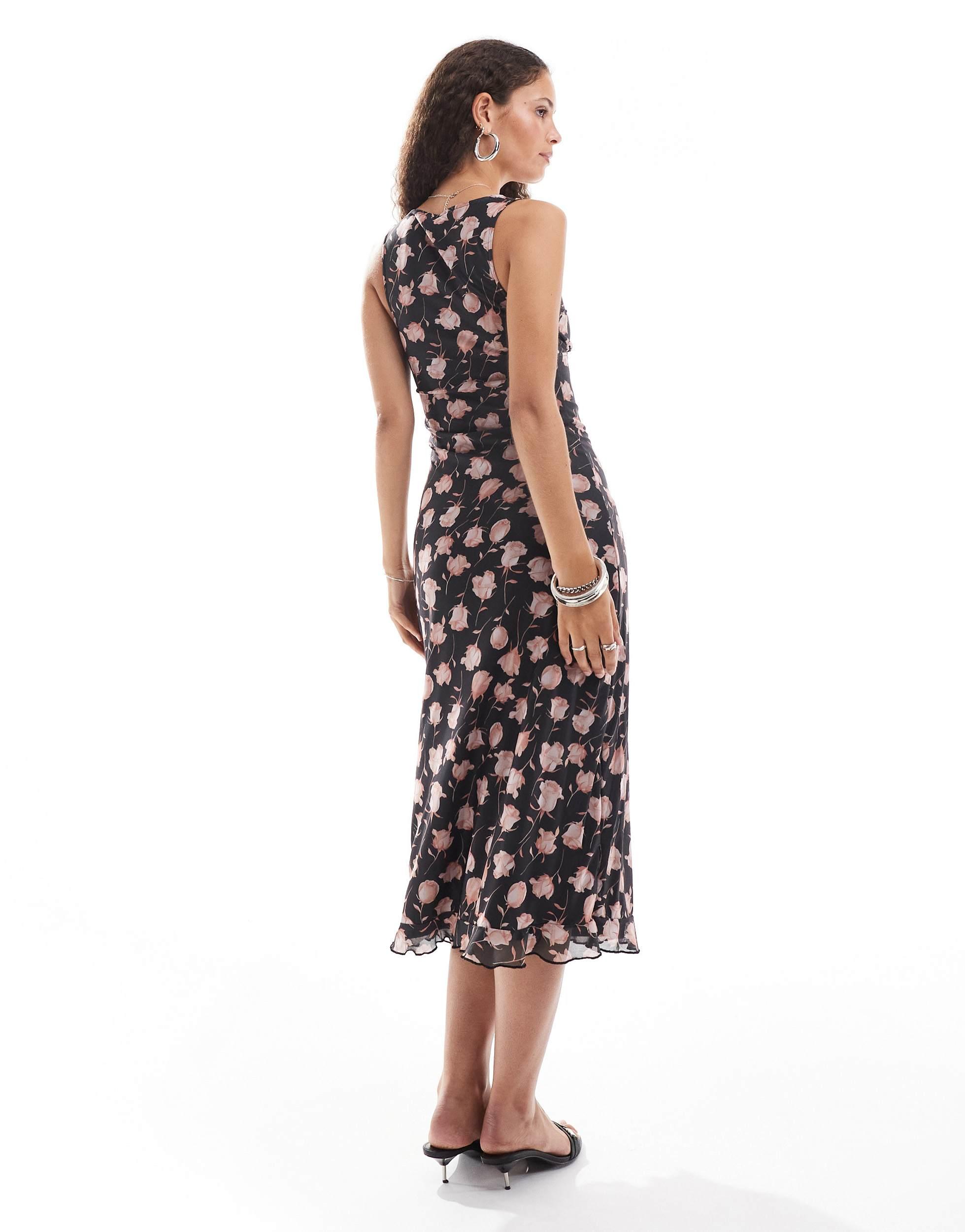 Motel Gabriela falling rose print V-neck midi dress in black and pink