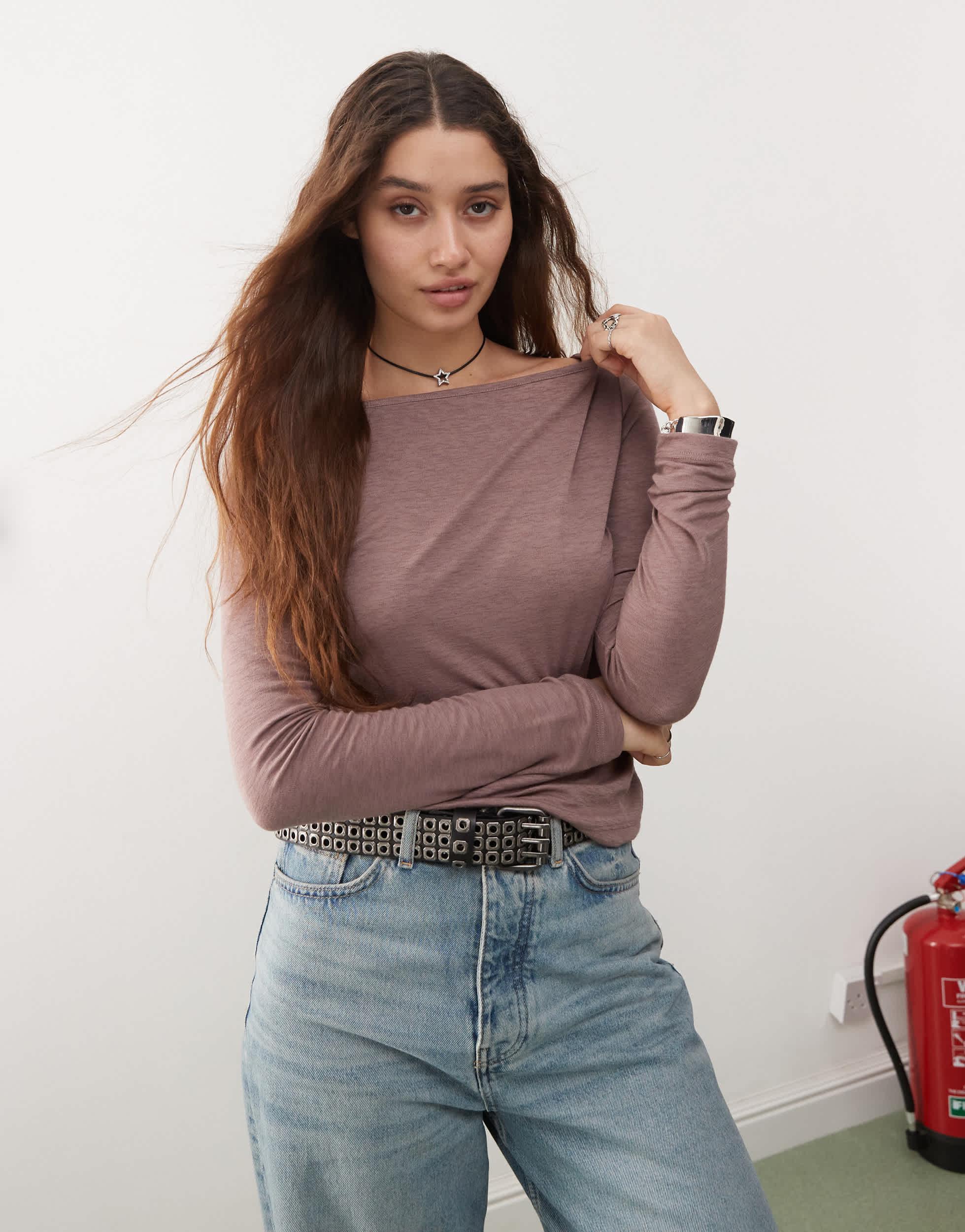 COLLUSION sheer long sleeve top in mauve