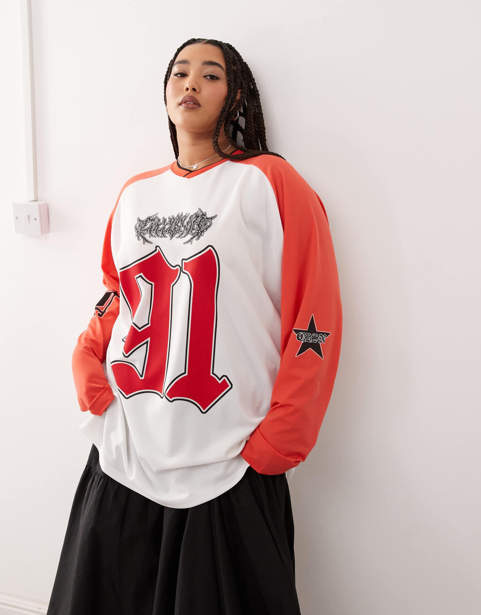 COLLUSION Plus oversized long sleeve t-shirt with vintage 91 graphic red ecru