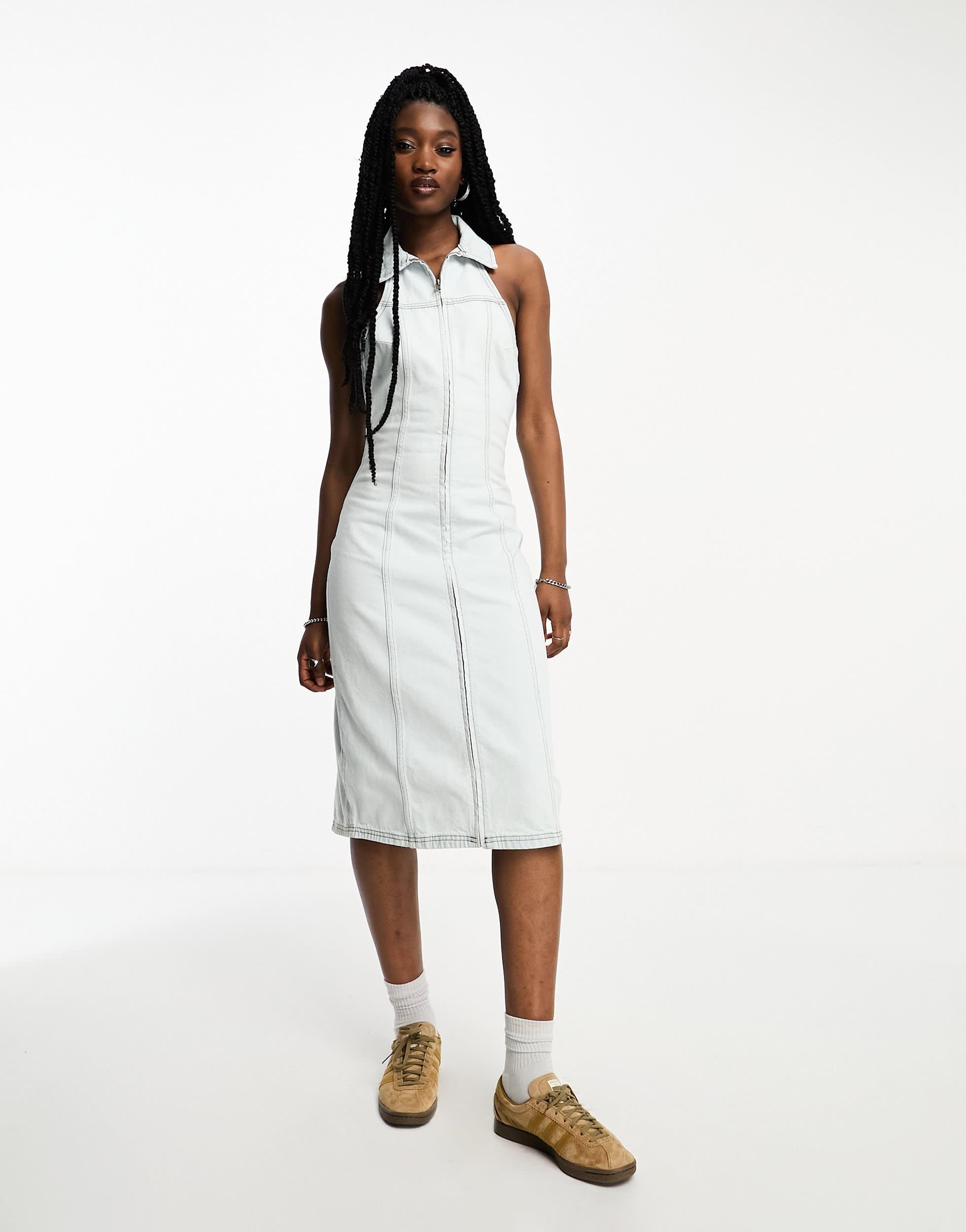 COLLUSION denim midi halterneck dress in bleach blue