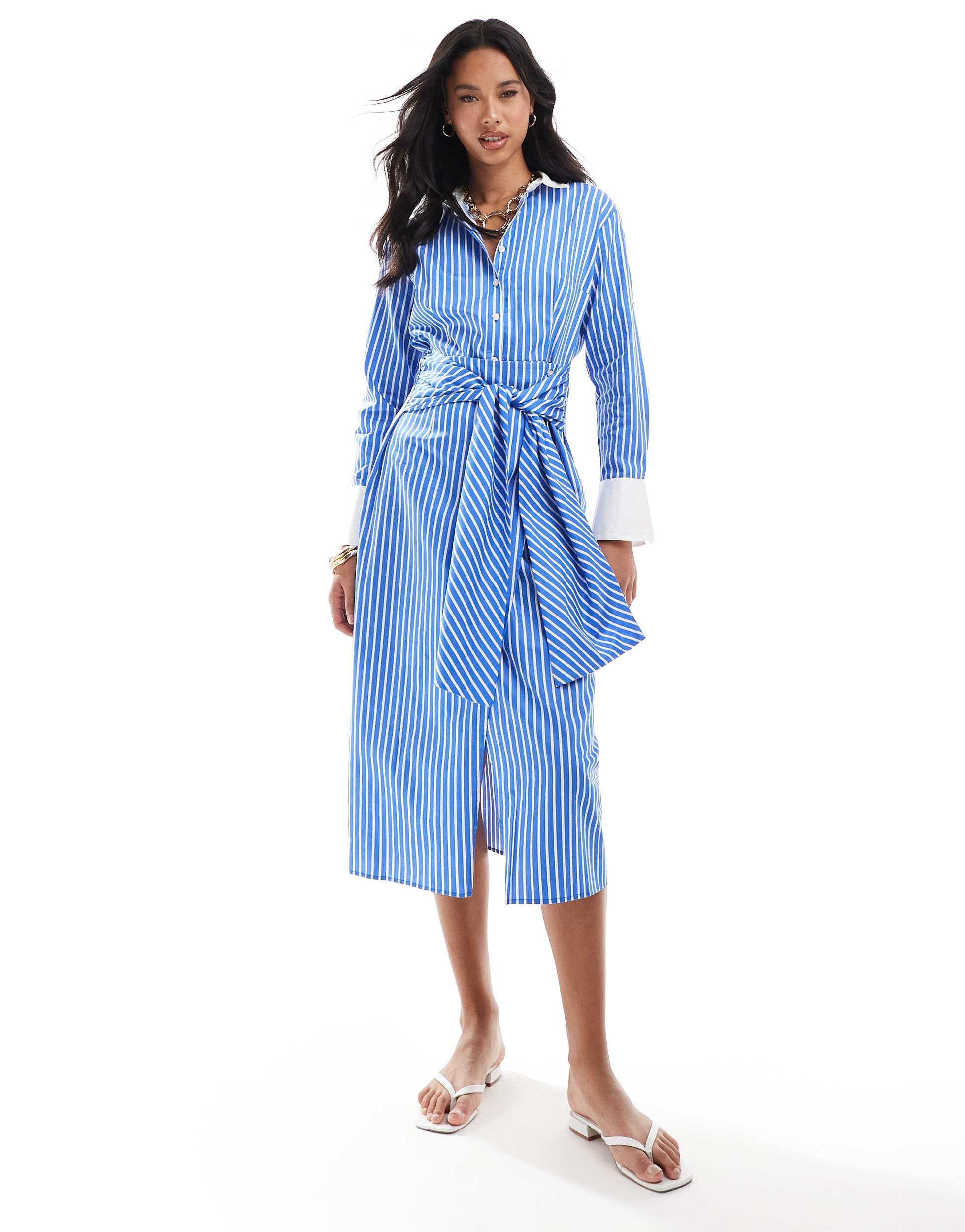 French Connection Alexis cotton midi shirt dress in white and blue stripe