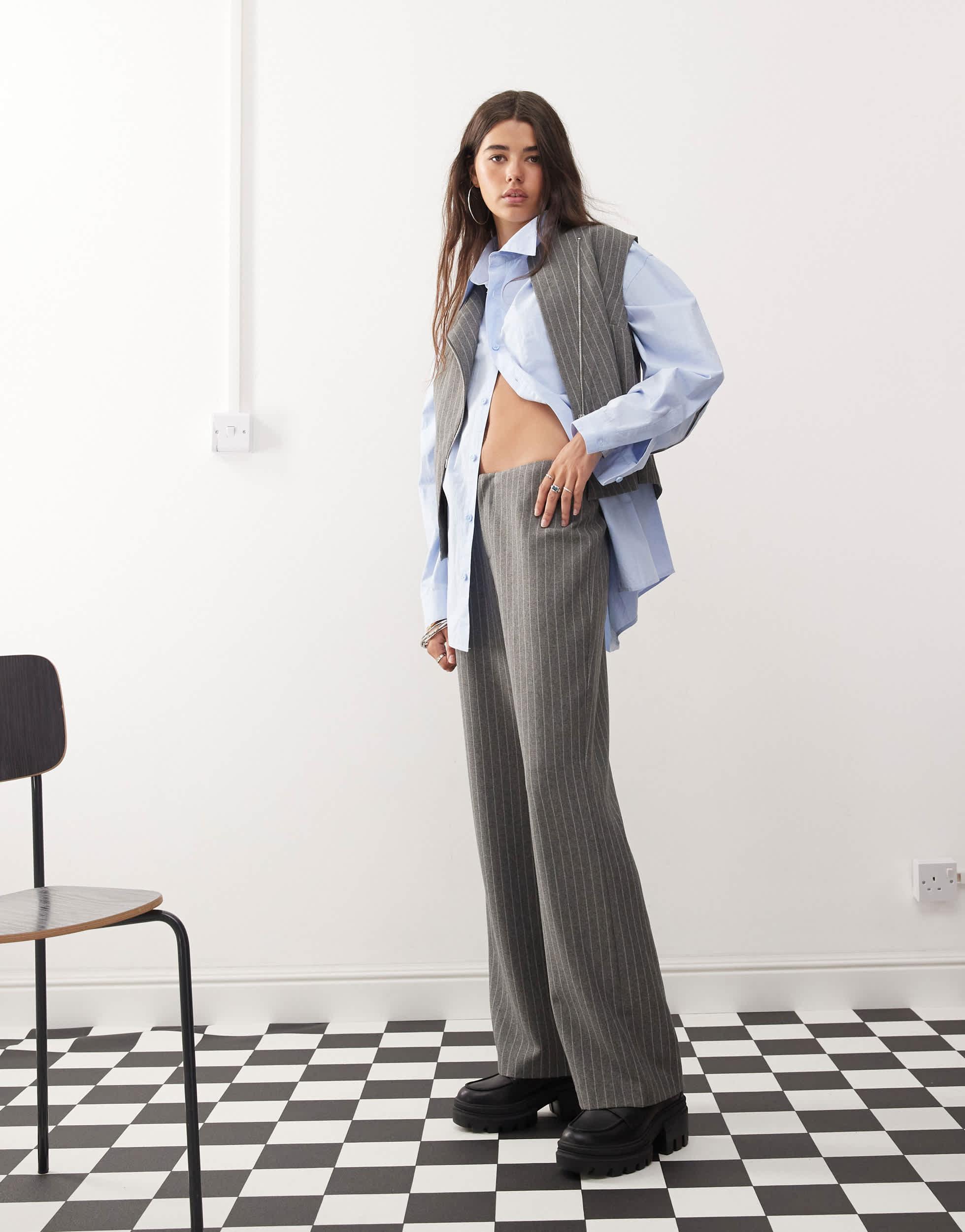 COLLUSION low rise slim flare pants in charcoal pinstripe - part of a set