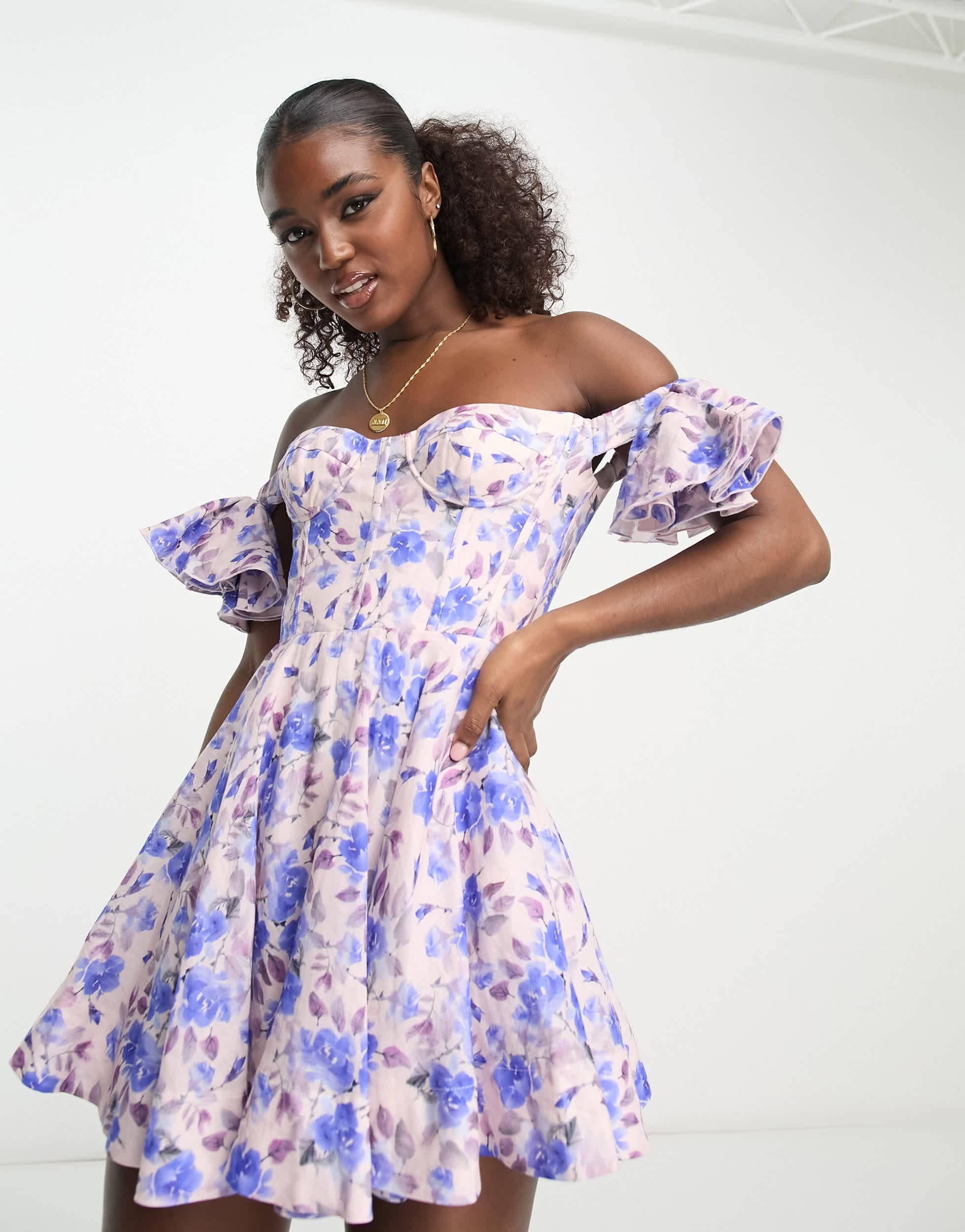 Bardot ruffle cold shoulder mini dress in blue floral