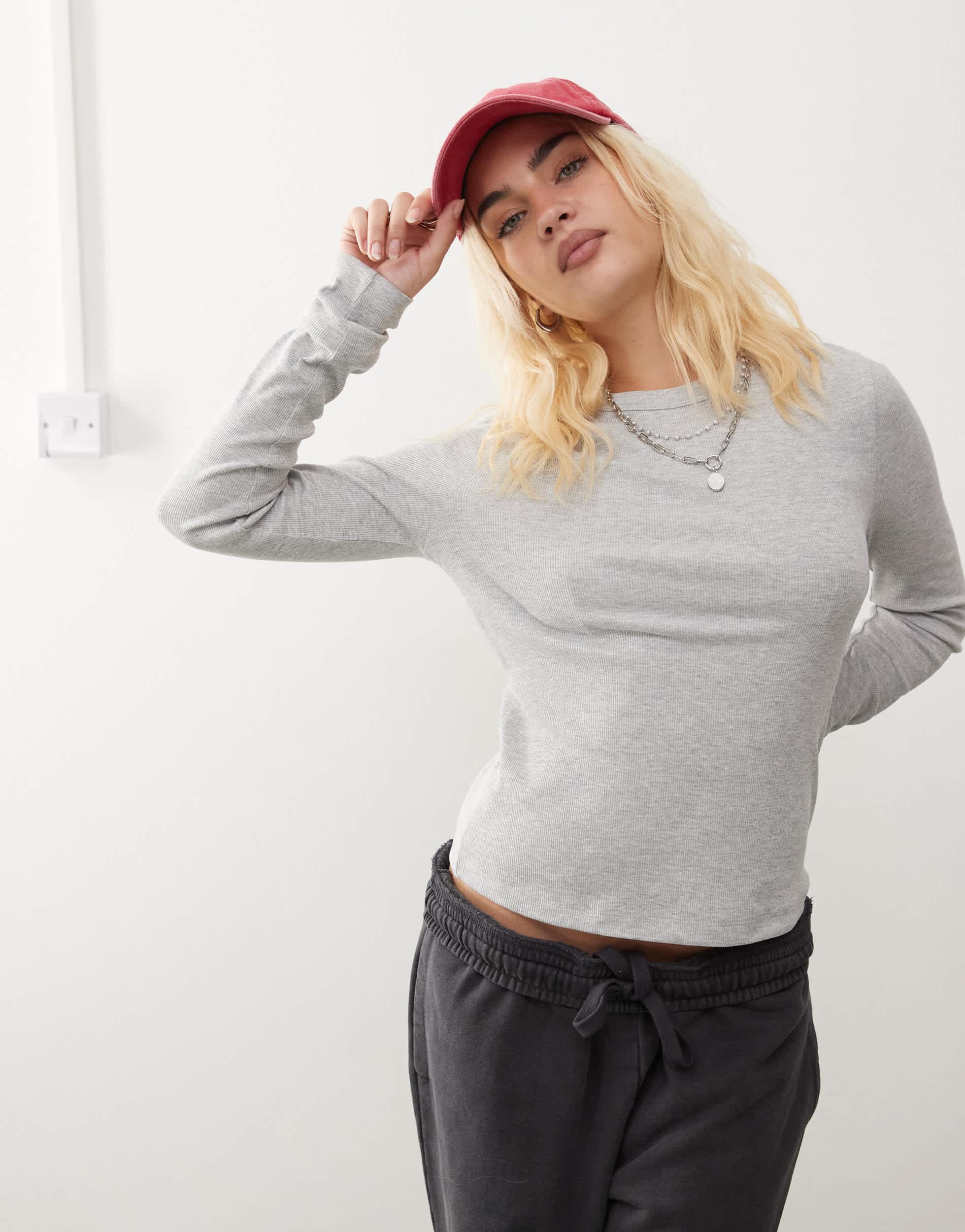 COLLUSION ribbed long sleeve fitted t-shirt in gray heather