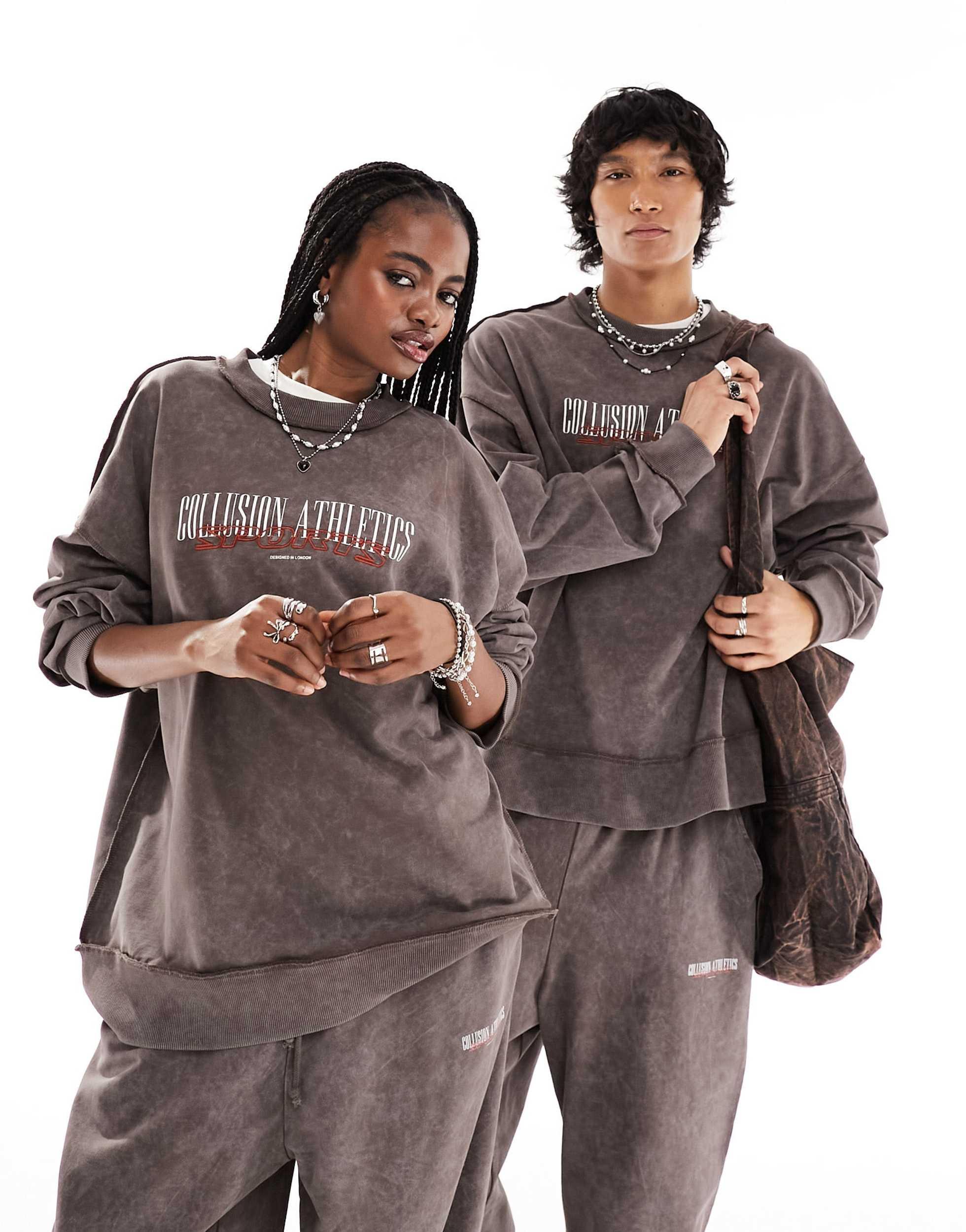 COLLUSION Unisex athletics varsity sweat in brown - part of a set