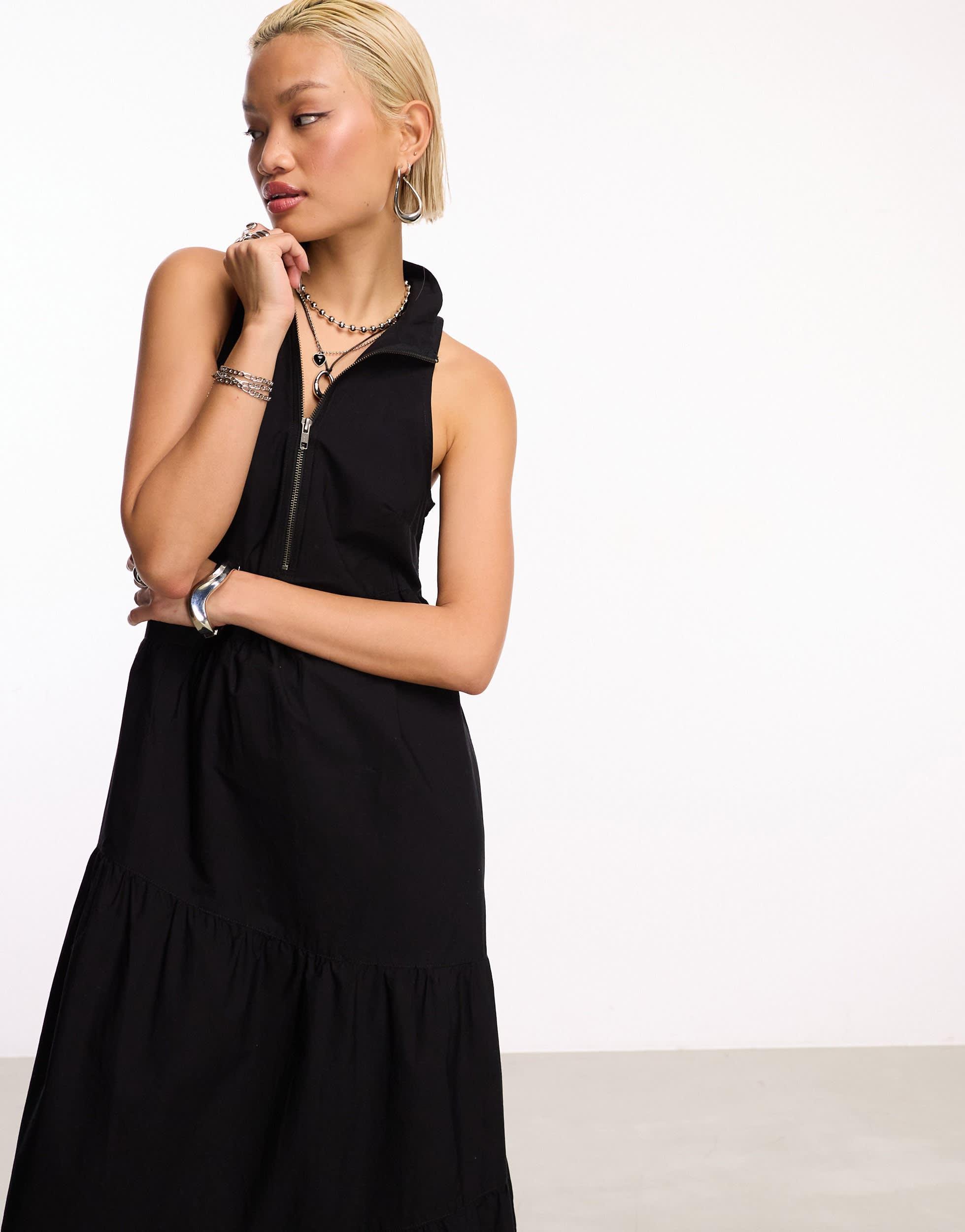 COLLUSION cotton zip maxi smock dress in black