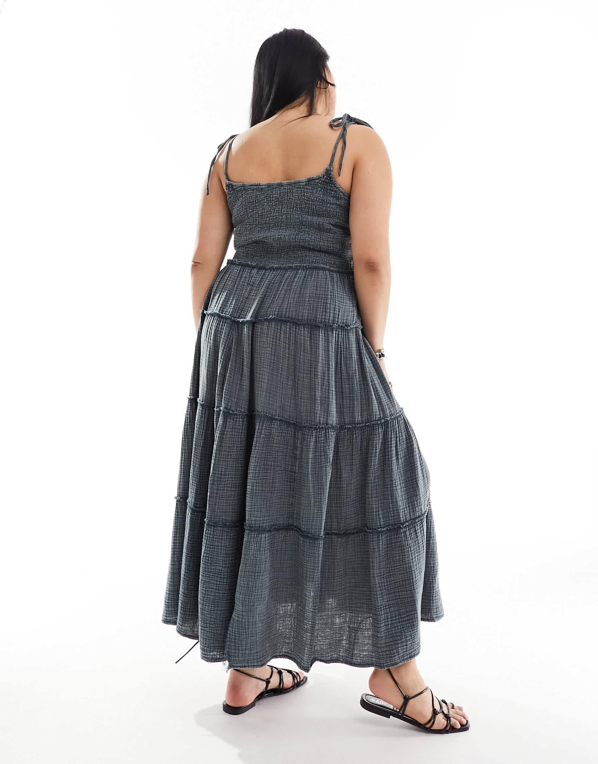 COLLUSION Plus double cloth shirred tiered cami maxi sun dress in washed blue