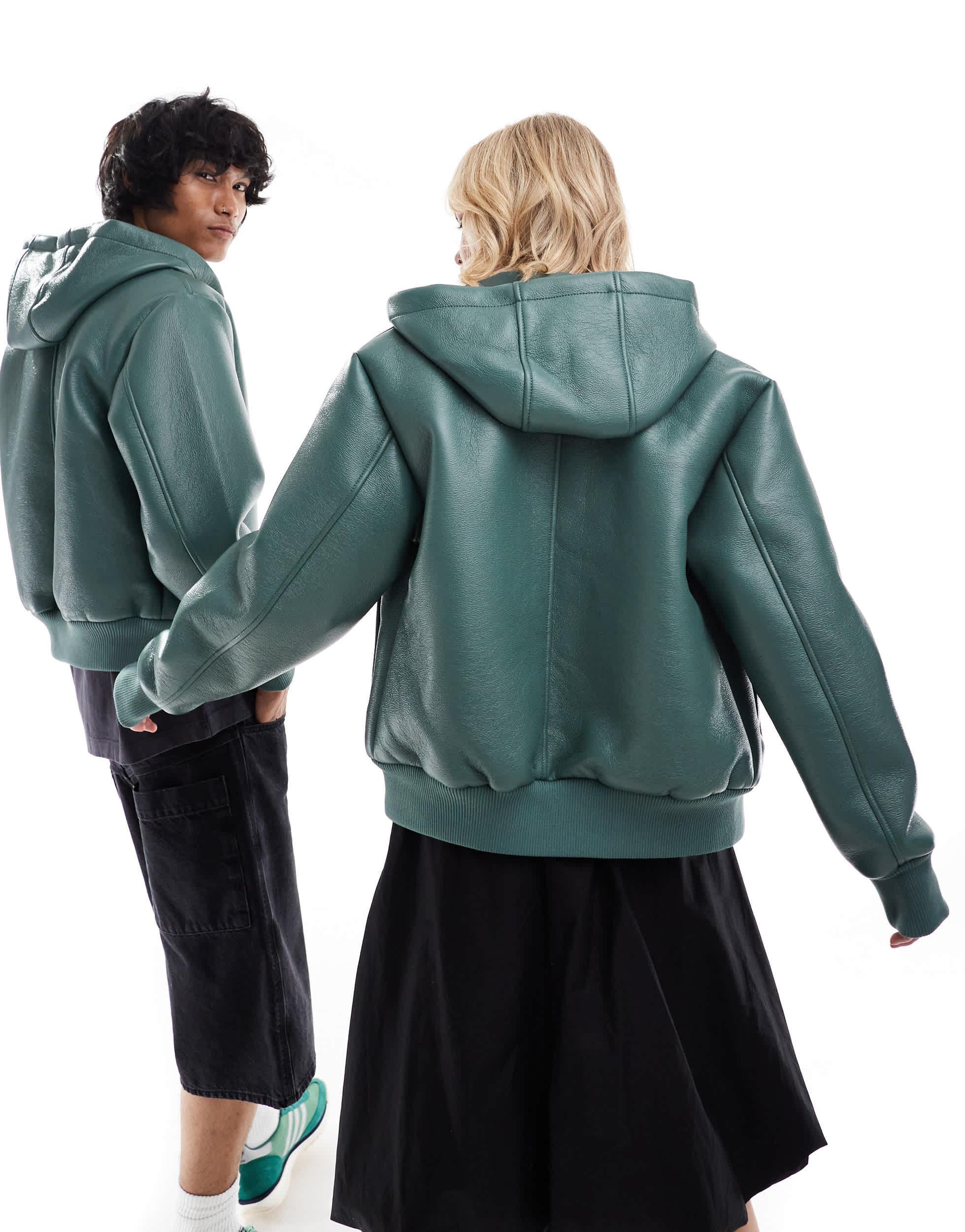 COLLUSION Unisex bonded faux leather hooded bomber jacket in forest green