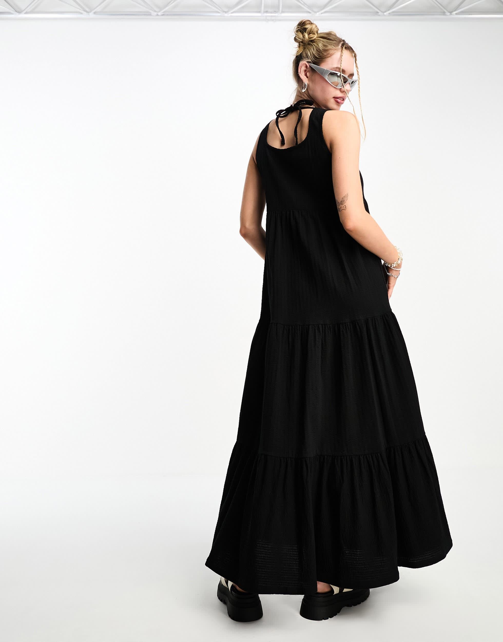 COLLUSION square neck tiered maxi dress in black