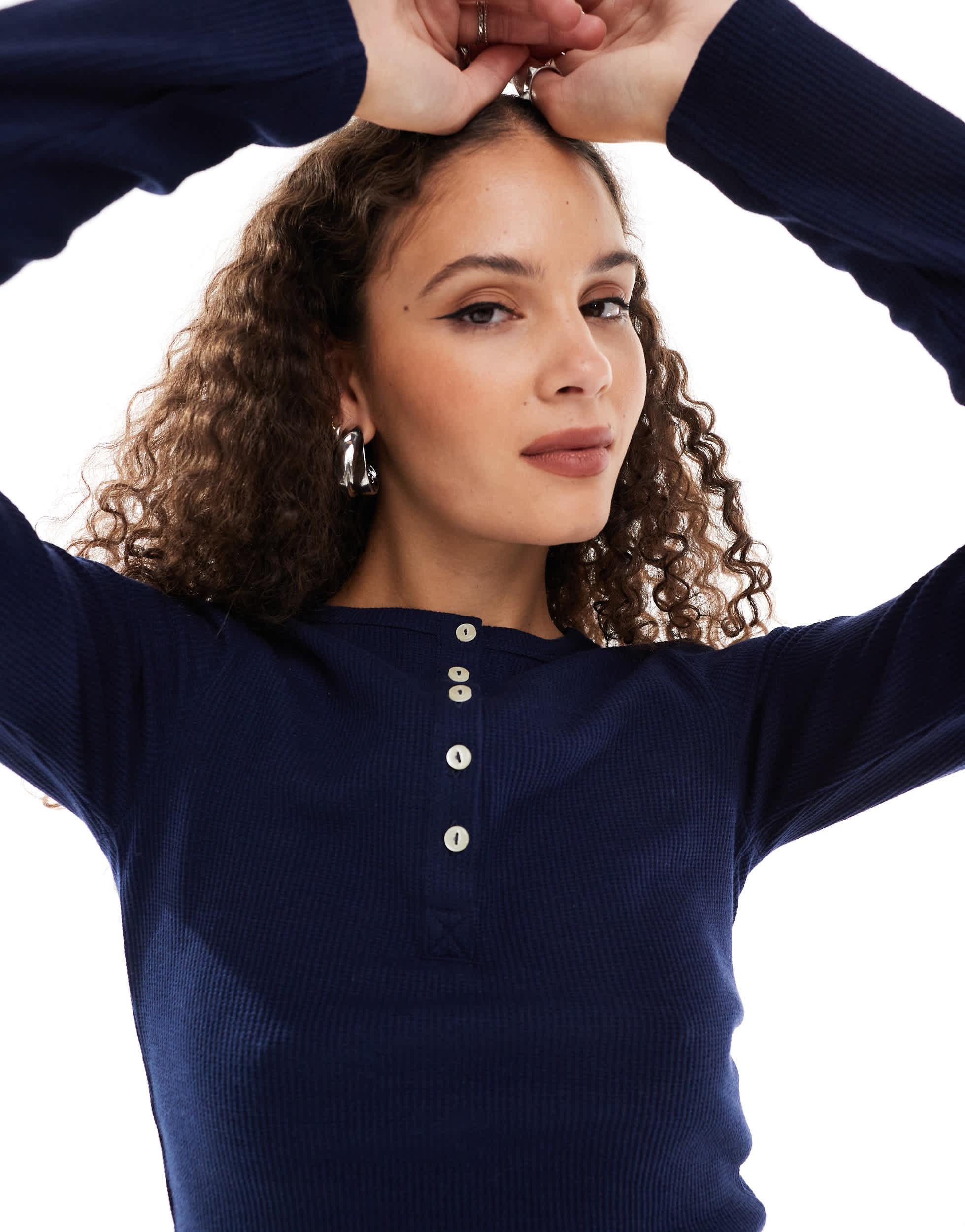 COLLUSION oversized long sleeve Henley crop top in navy waffle