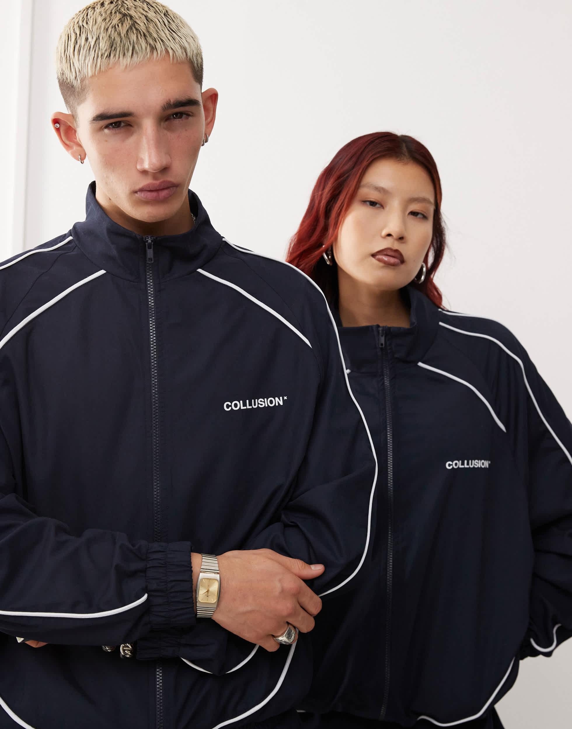 COLLUSION Unisex nylon jacket with contrast seam and print in navy - part of a set