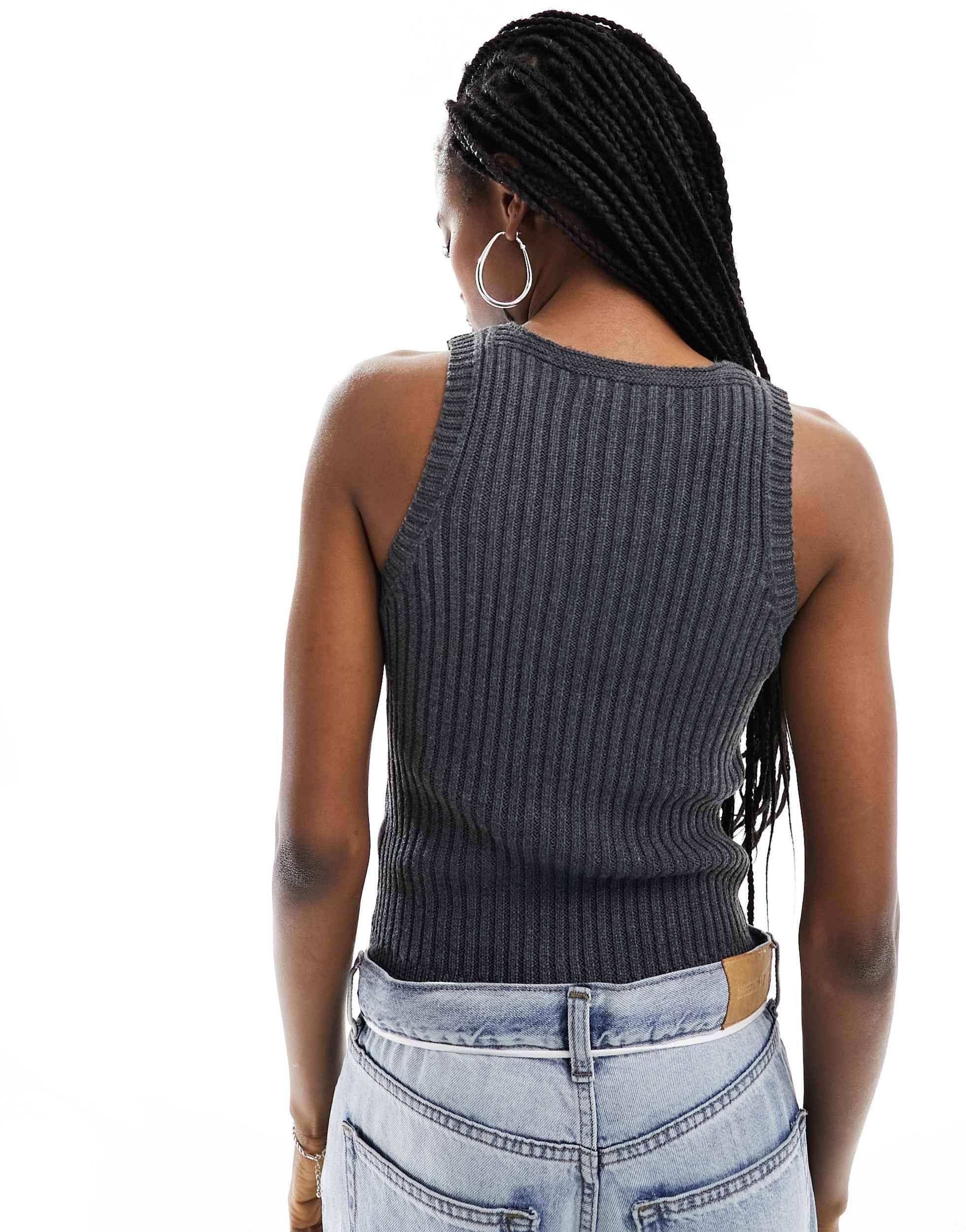 Motel ribbed knit slash neck longline tank top in charcoal gray