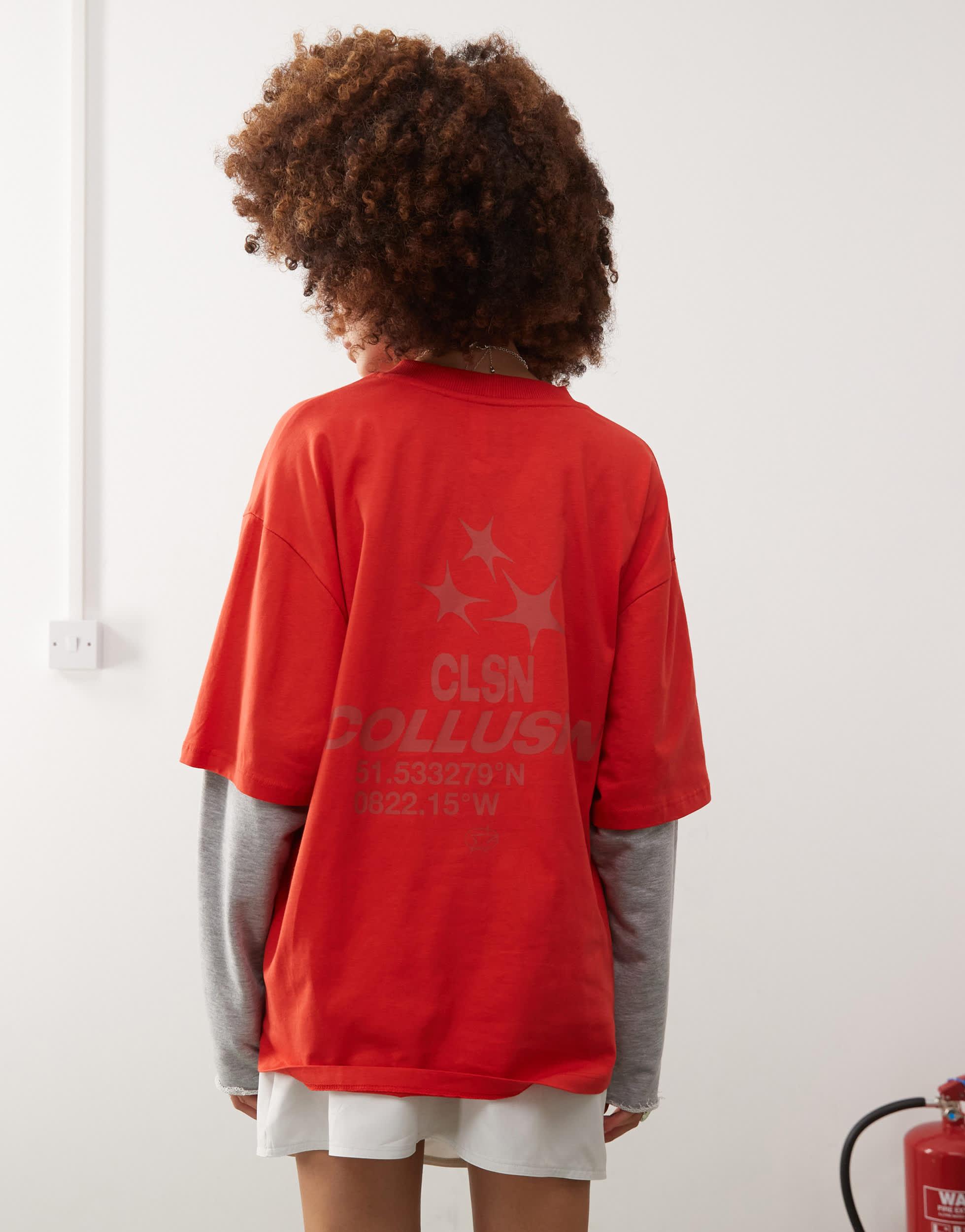 COLLUSION double layer sweat sleeve skate t-shirt in red