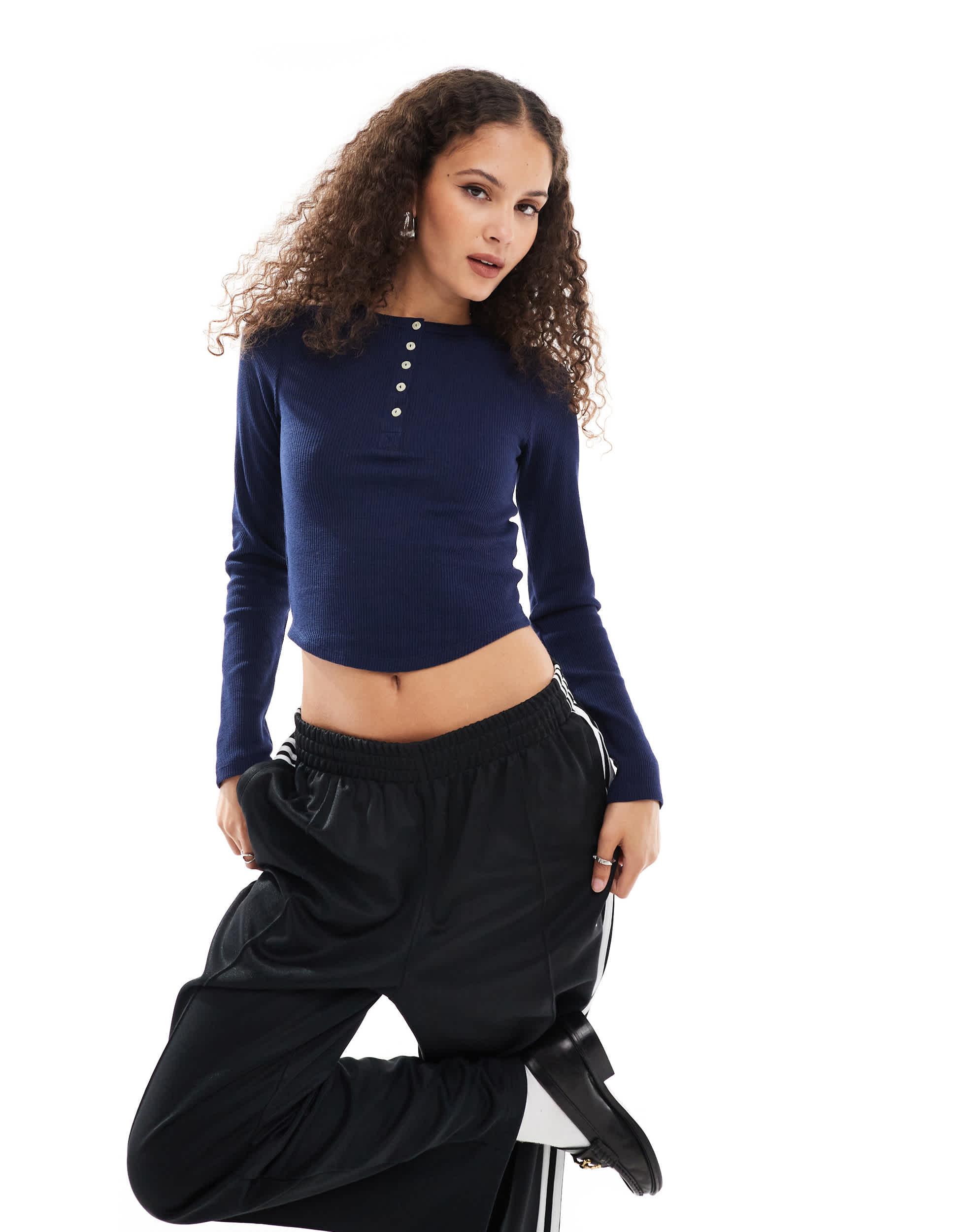 COLLUSION oversized long sleeve Henley crop top in navy waffle