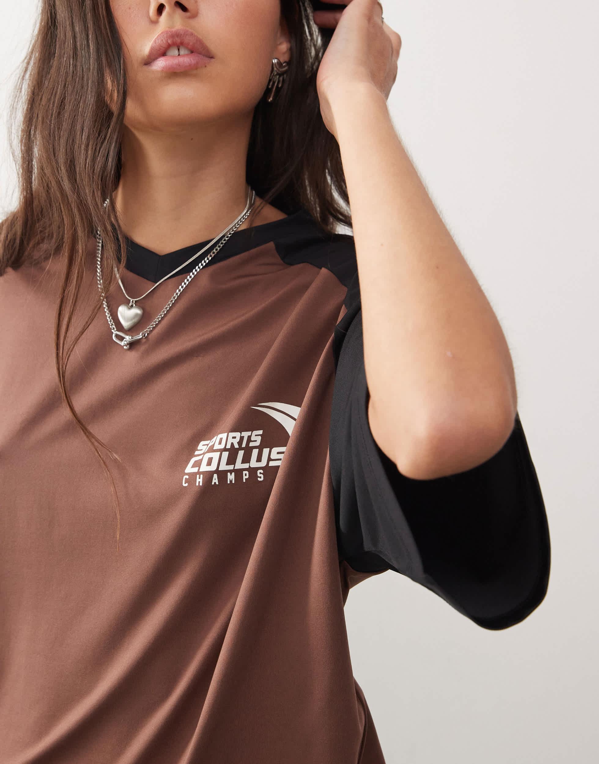 COLLUSION oversized v-neck athletic panel t-shirt in brown