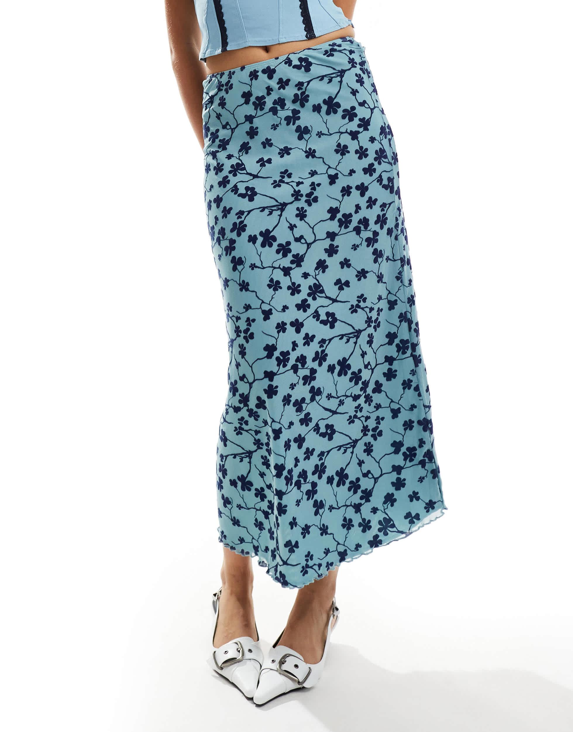 Motel latika low rise flocked midaxi skirt in blue and navy