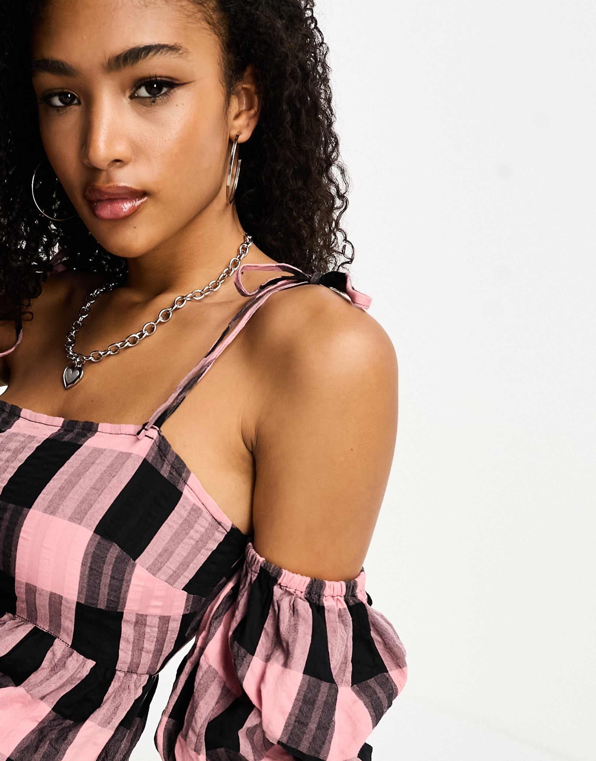 COLLUSION off the shoulder midi dress in pink plaid