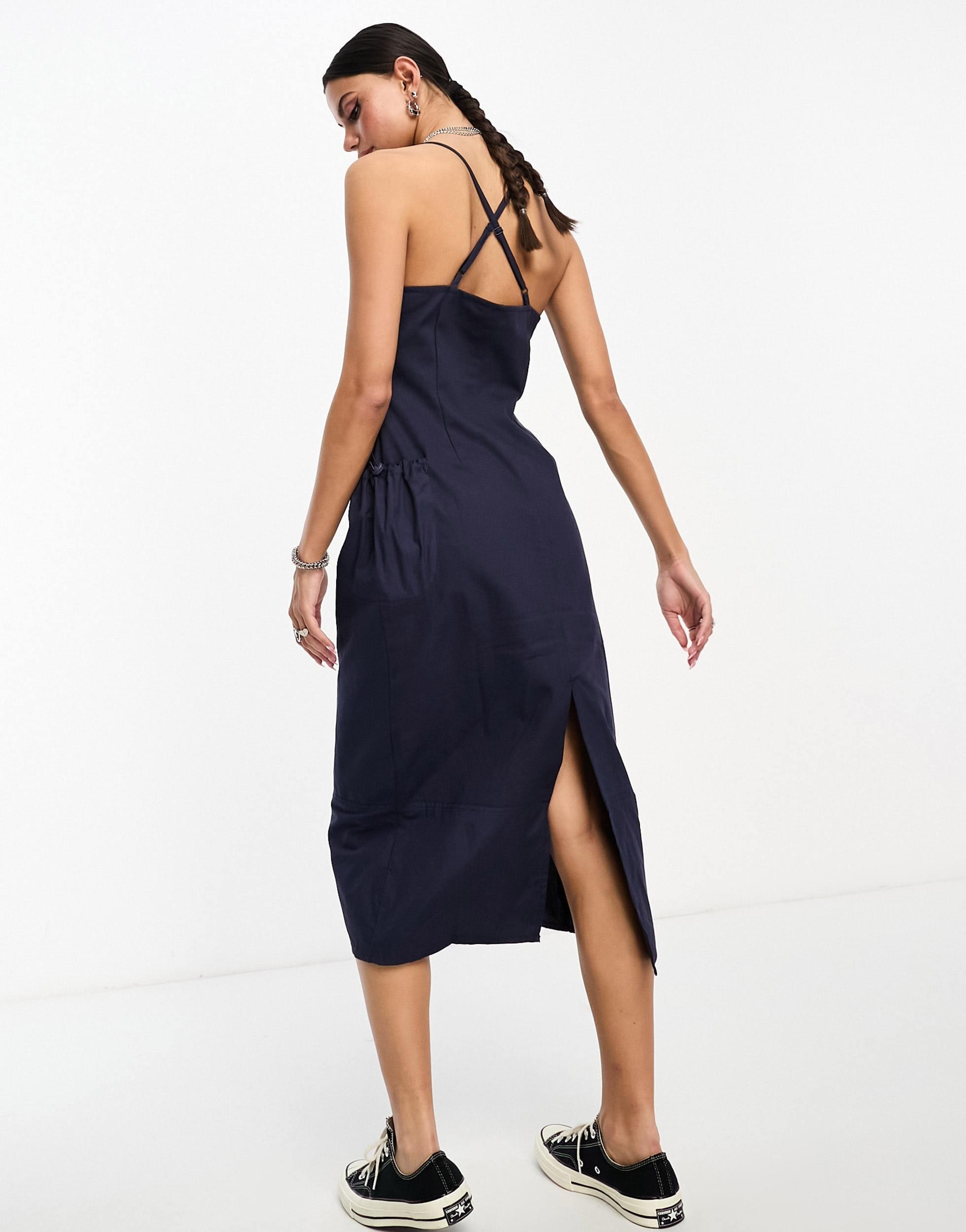 COLLUSION utility cami midi dress with pocket detail in navy