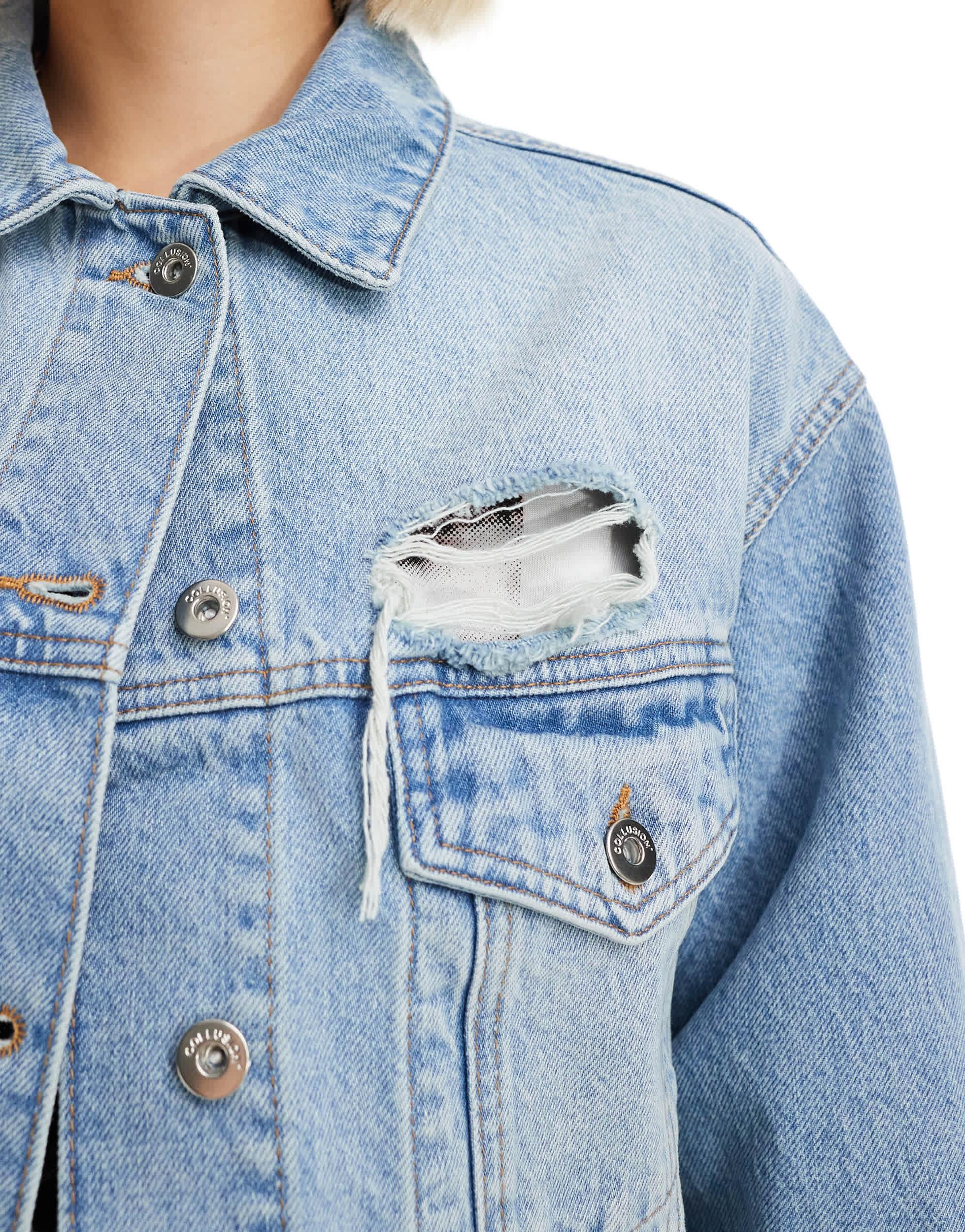 COLLUSION denim trucker jacket with rips in lightwash - part of a set