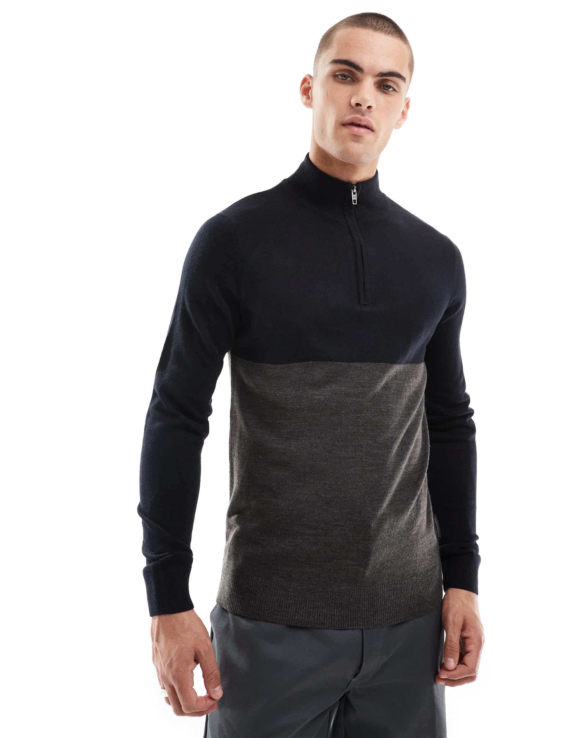 French Connection roll neck half zip sweater in contrast navy in gray