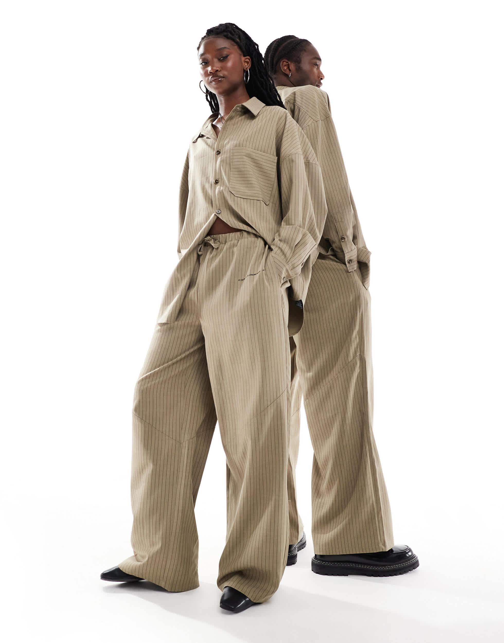 COLLUSION Unisex balloon pants in brown pinstripe with print - part of a set