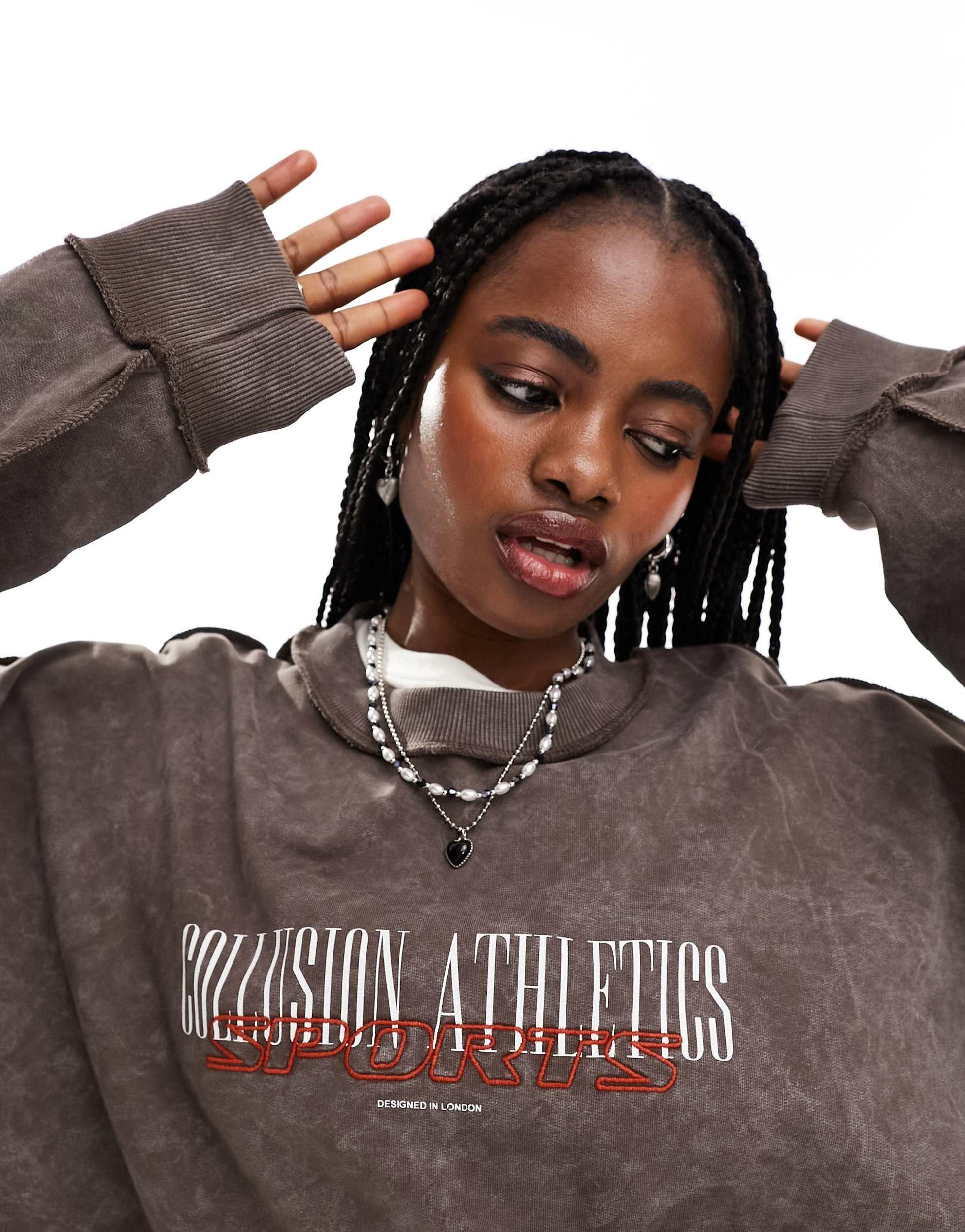 COLLUSION Unisex athletics varsity sweat in brown - part of a set