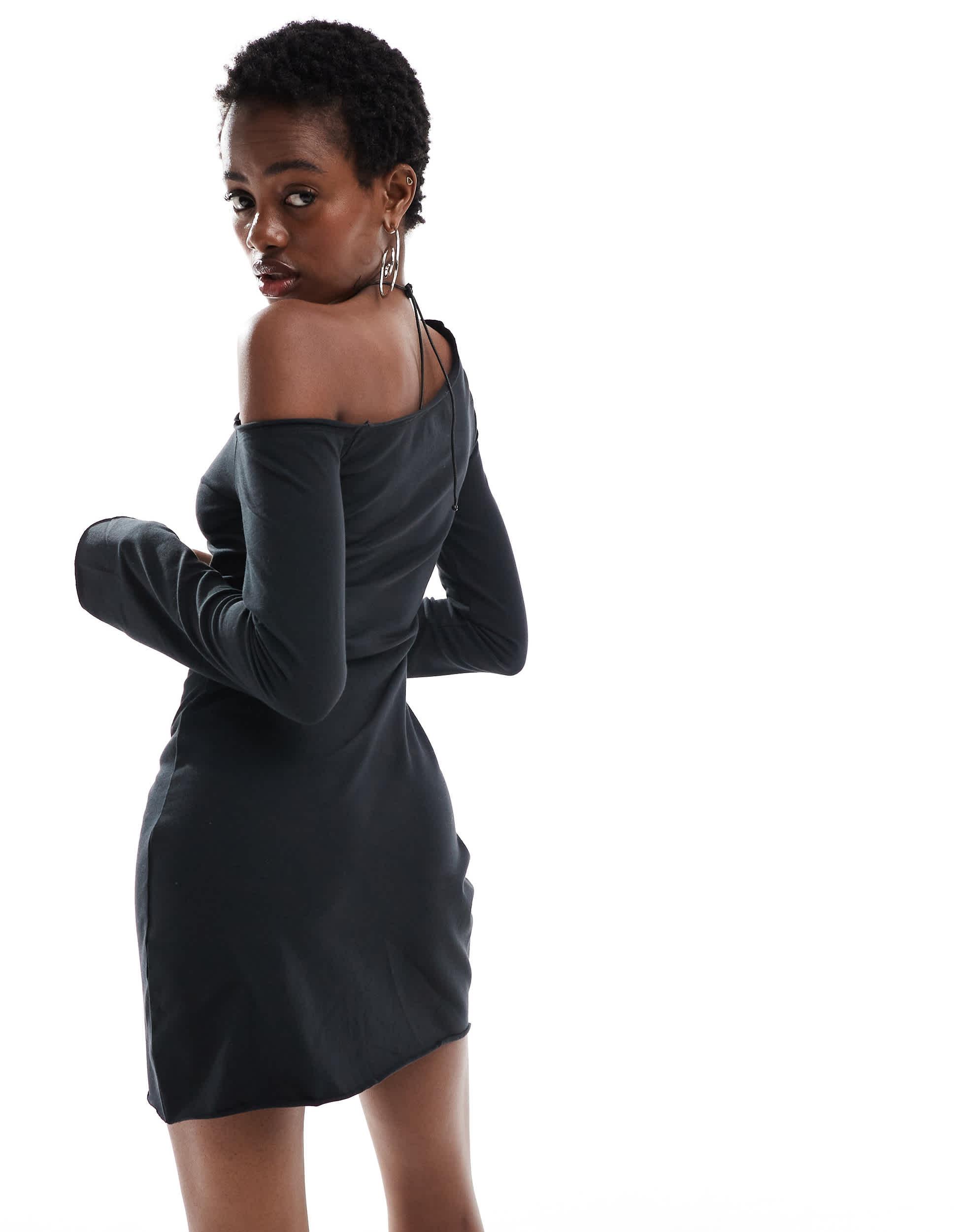 COLLUSION one-shoulder long sleeve mini dress in black