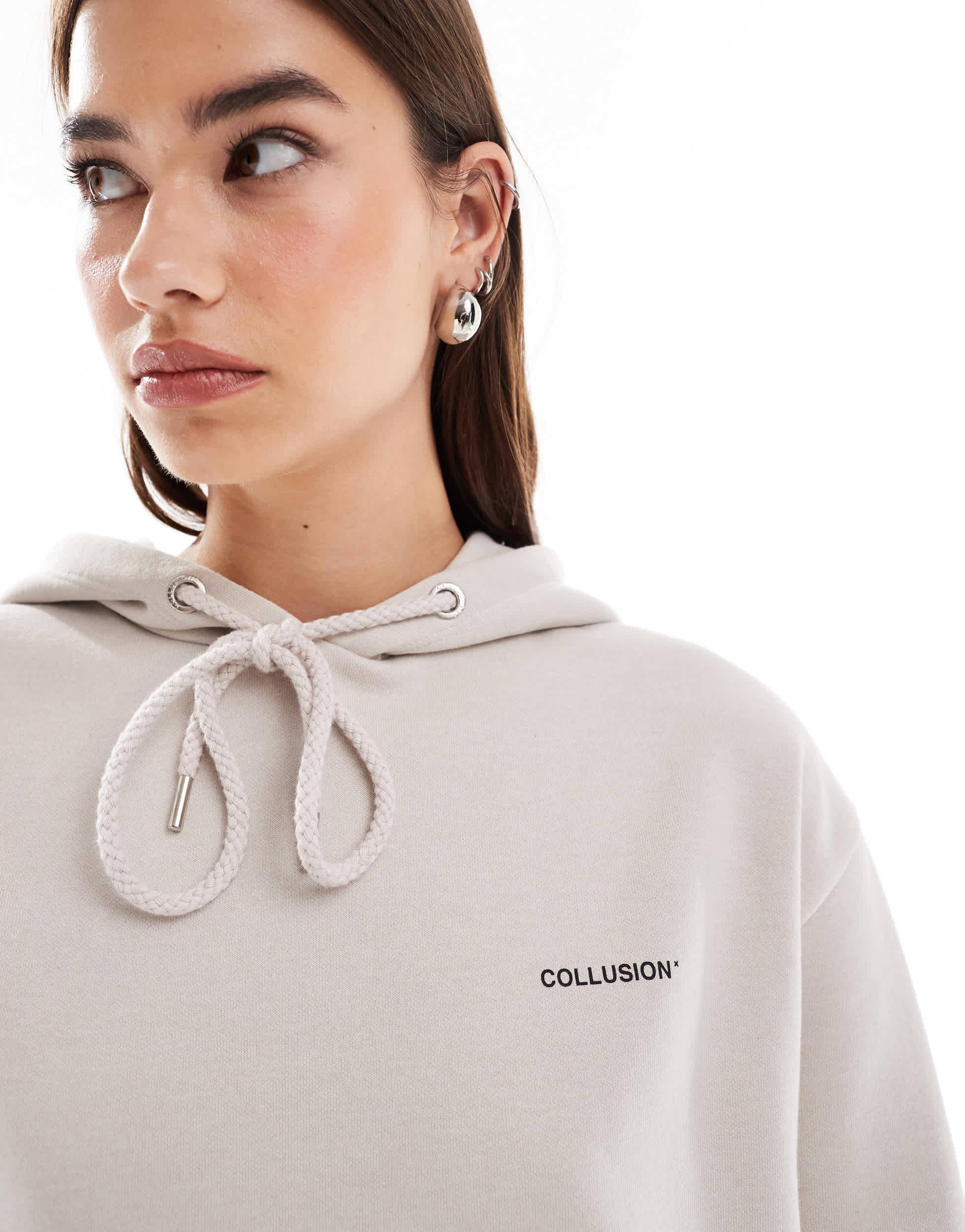 COLLUSION Unisex hoodie with logo print in ecru