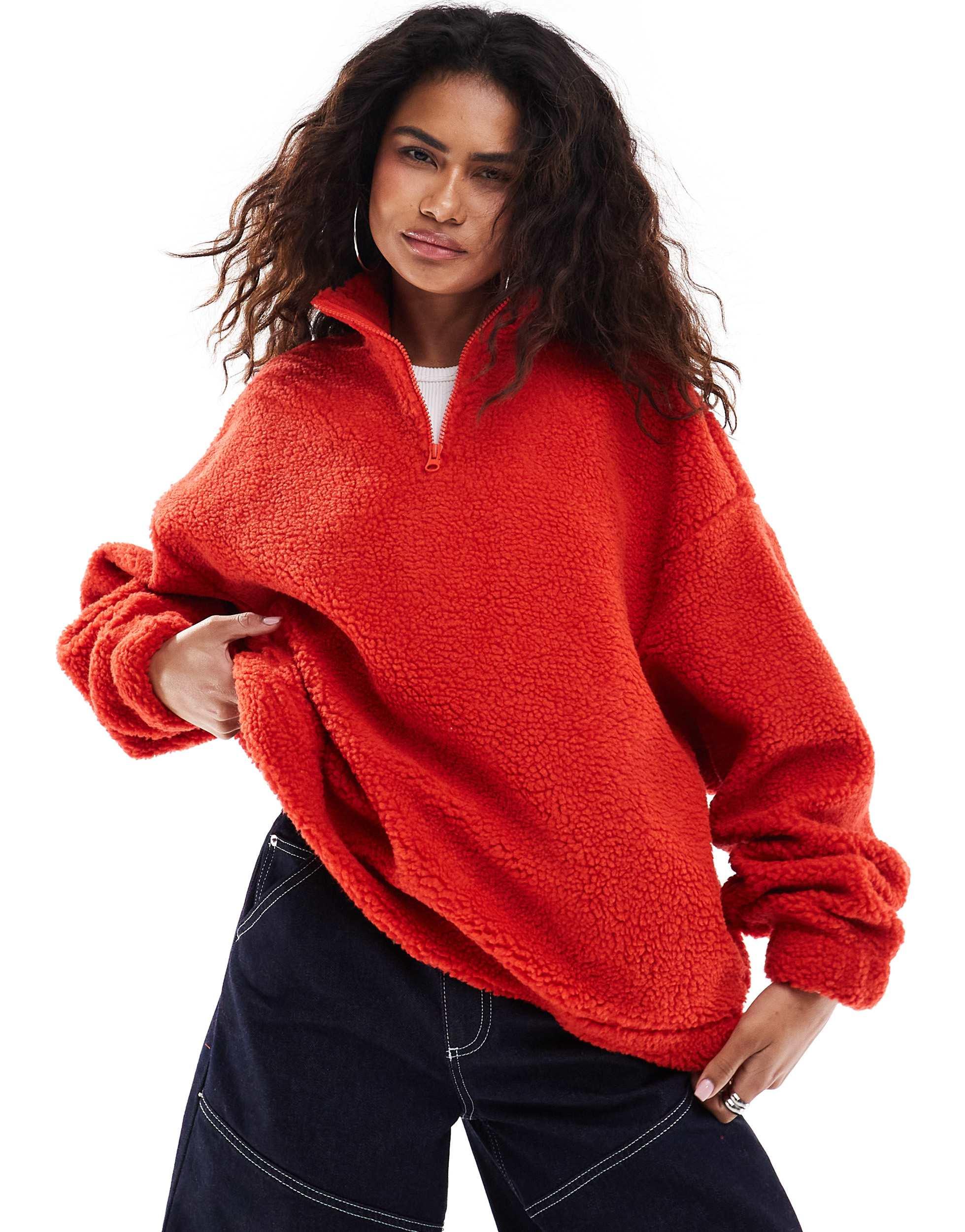 COLLUSION Borg zip funnel neck oversized sweat in red