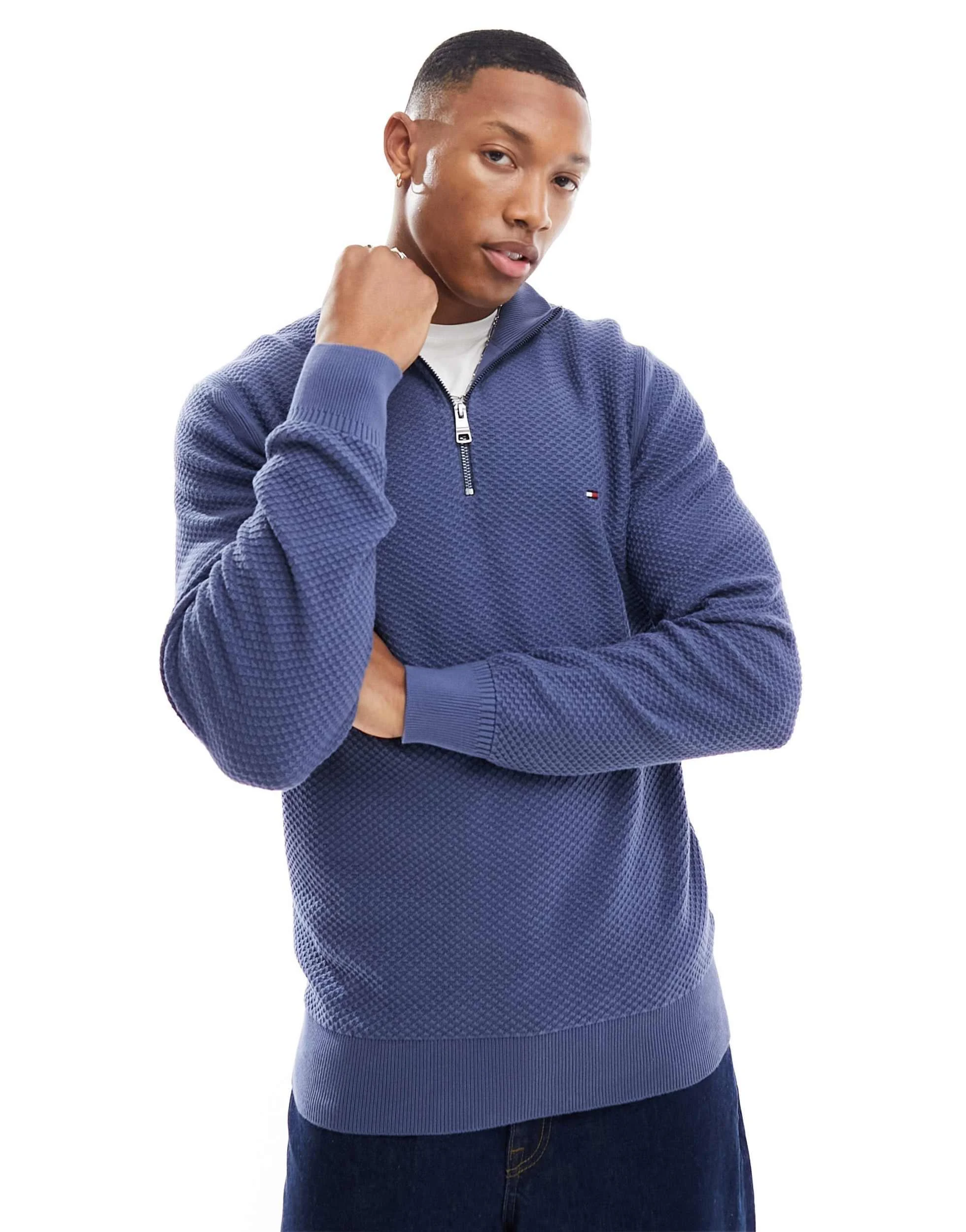 Tommy Hilfiger oval structure zip mock sweater in faded indigo