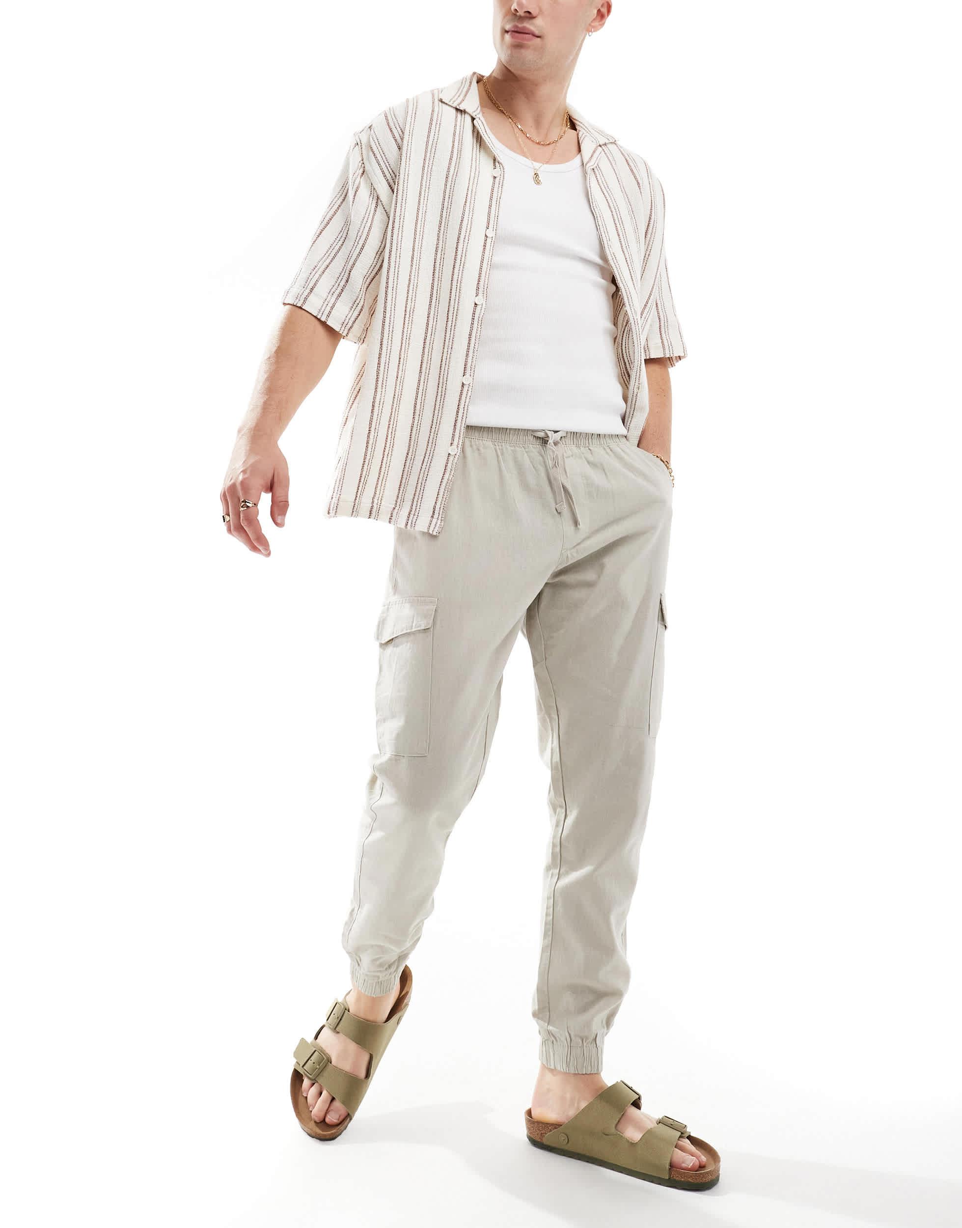 Brave Soul linen look elastic waist cargo pants in light stone