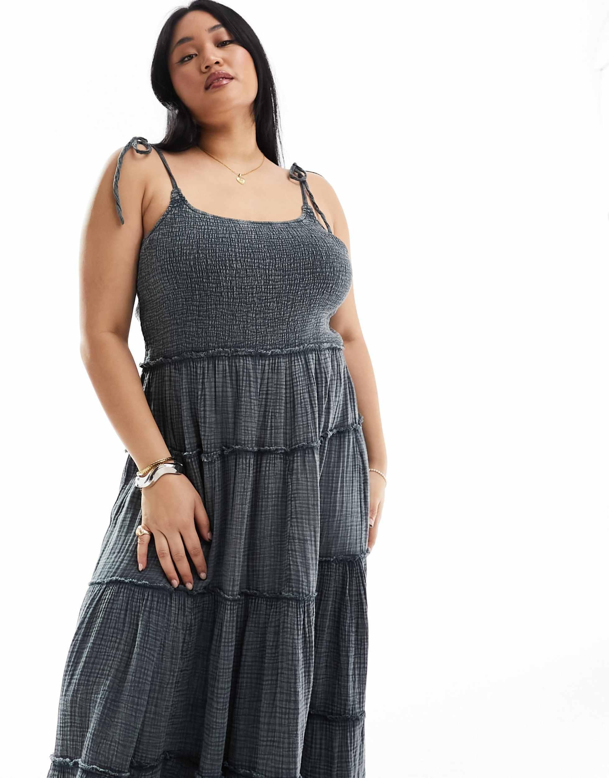 COLLUSION Plus double cloth shirred tiered cami maxi sun dress in washed blue