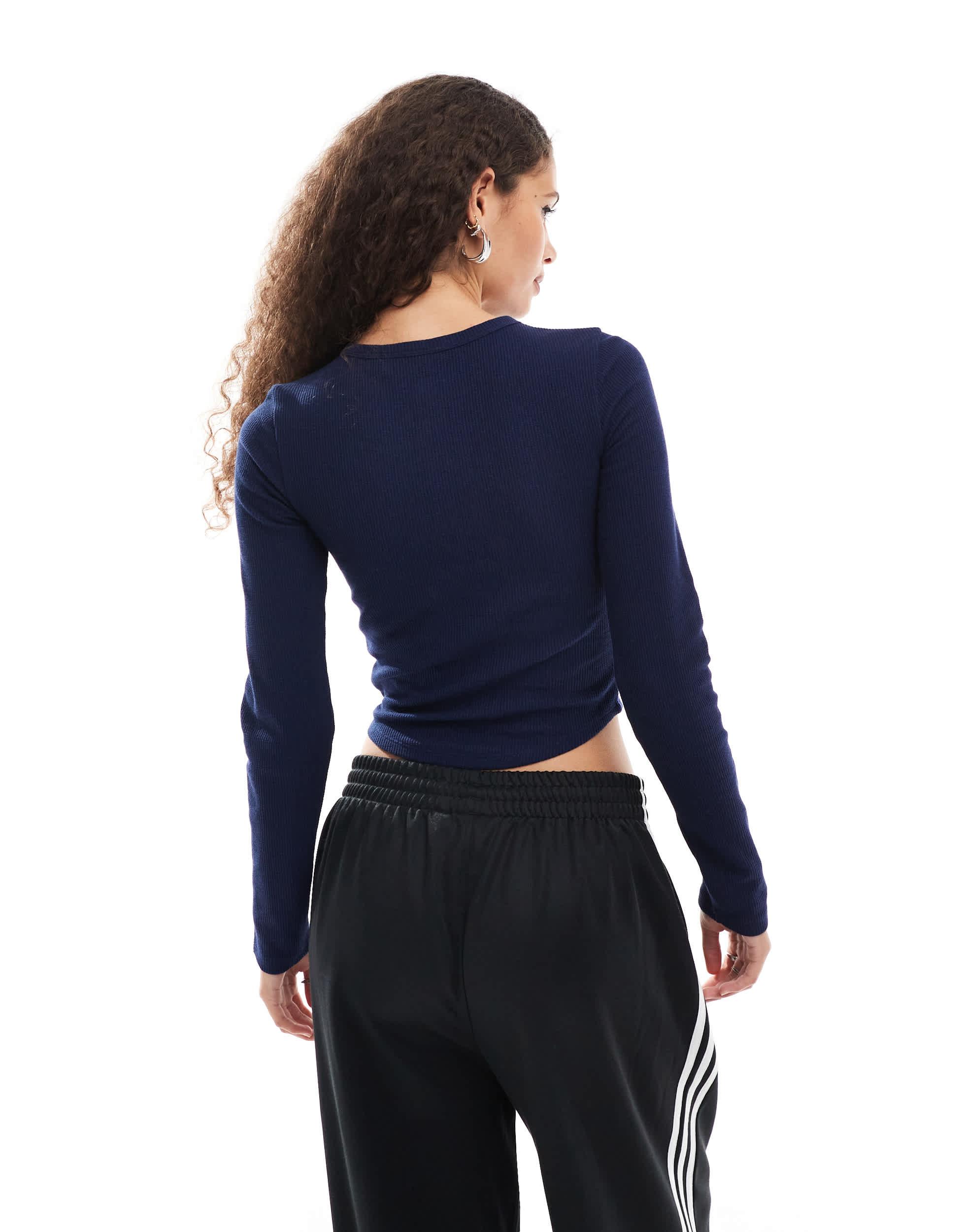 COLLUSION oversized long sleeve Henley crop top in navy waffle