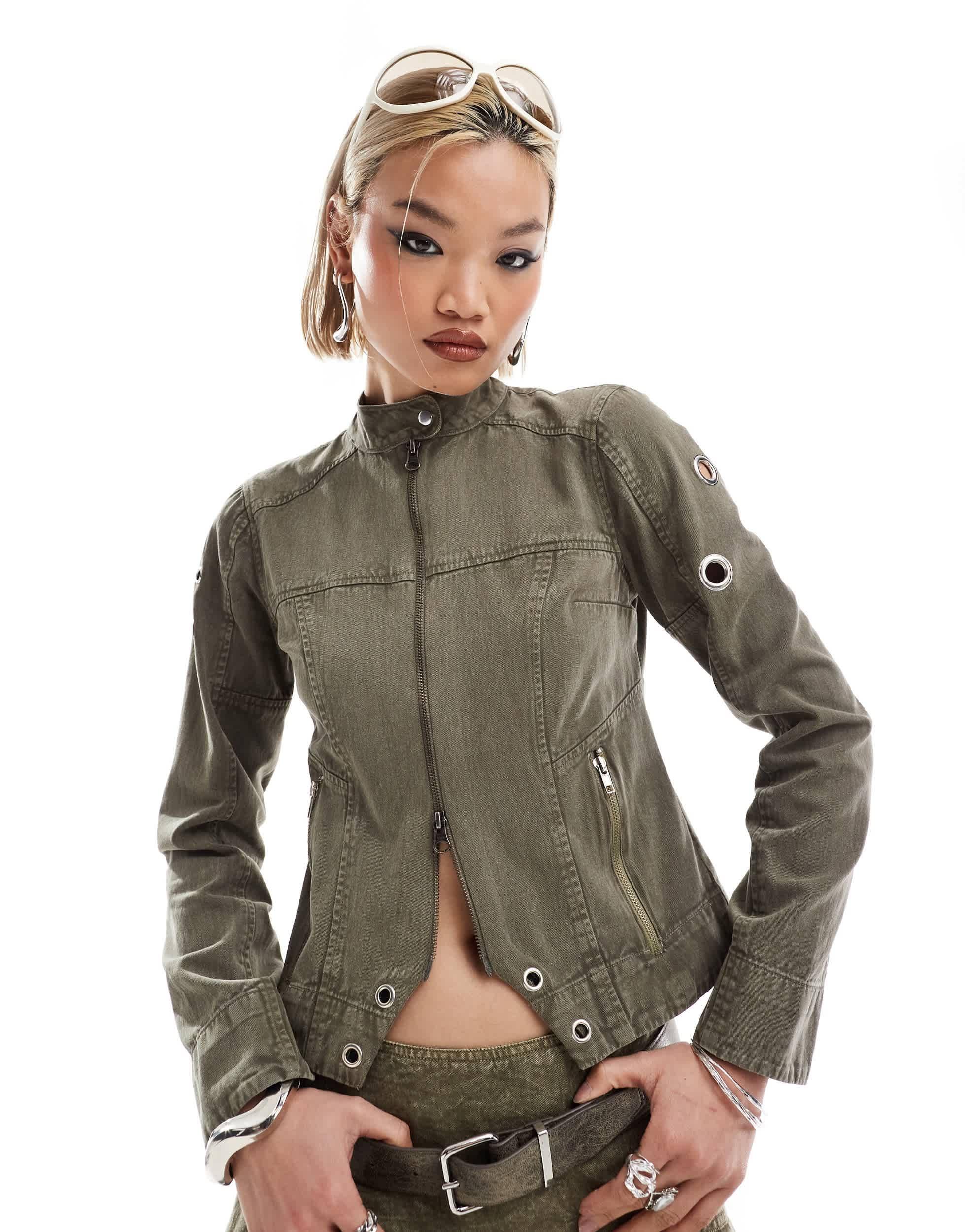 COLLUSION festival moto jacket with eyelets in oil wash - part of a set