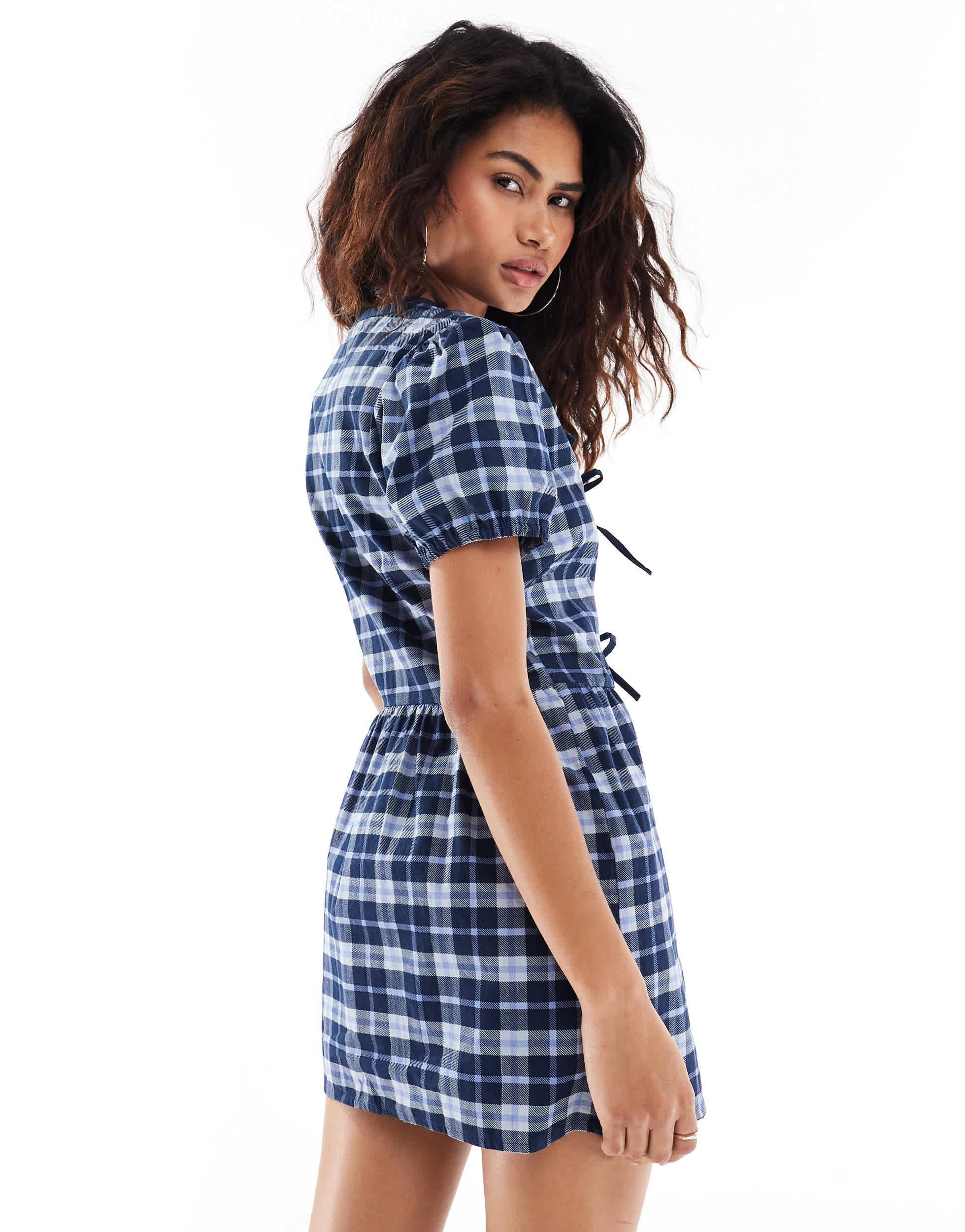 Motel byan bow detail tartan mini dress in dark blue