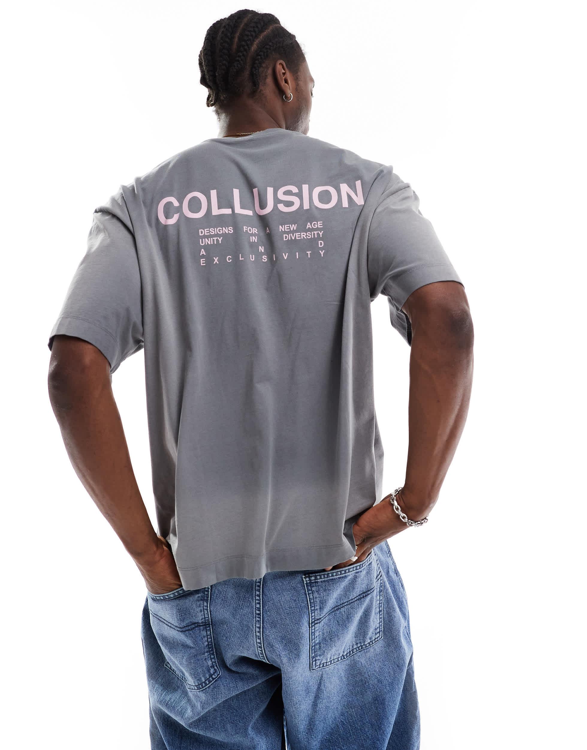 COLLUSION Unisex washed gray and purple t-shirt with print