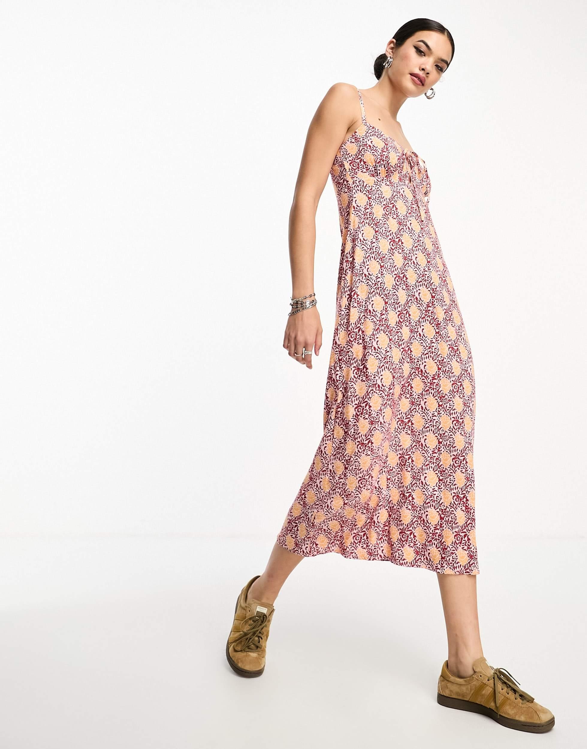 Motel bohemian batik midi slip dress with ribbon bow in maroon peach