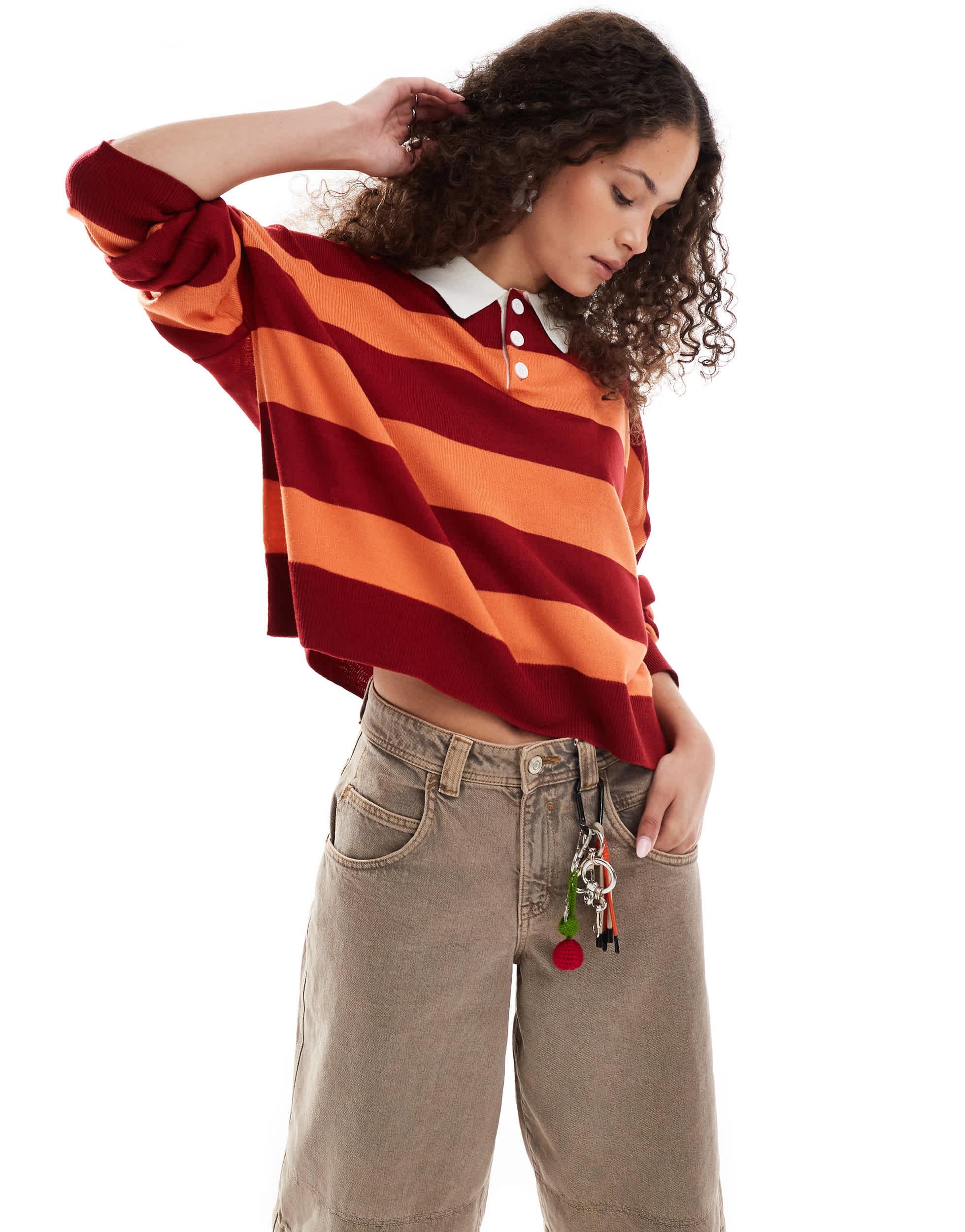 COLLUSION polo stripe sweater with rugby collar in red stripe