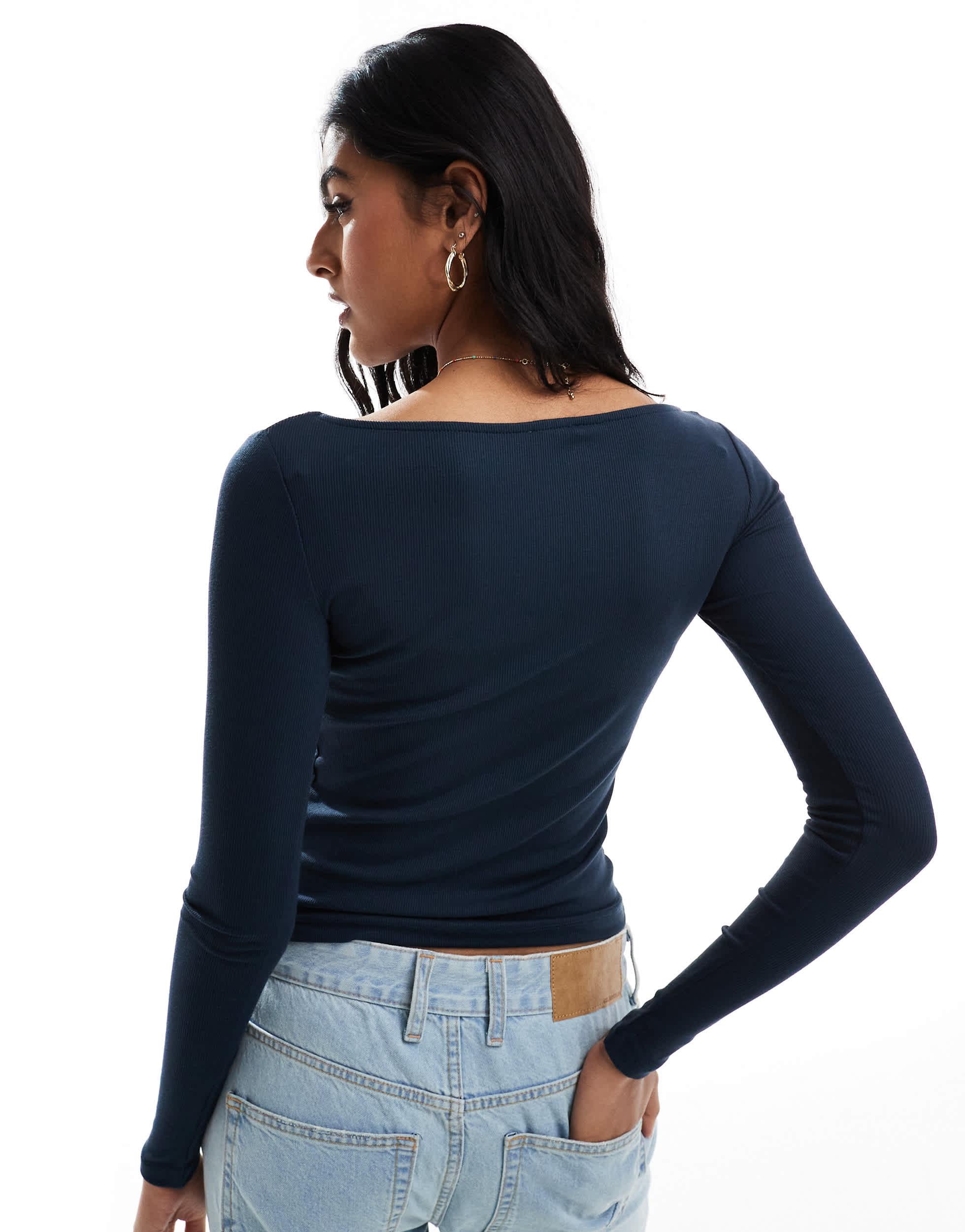 Cotton On crew neck long sleeve crop top in ash navy