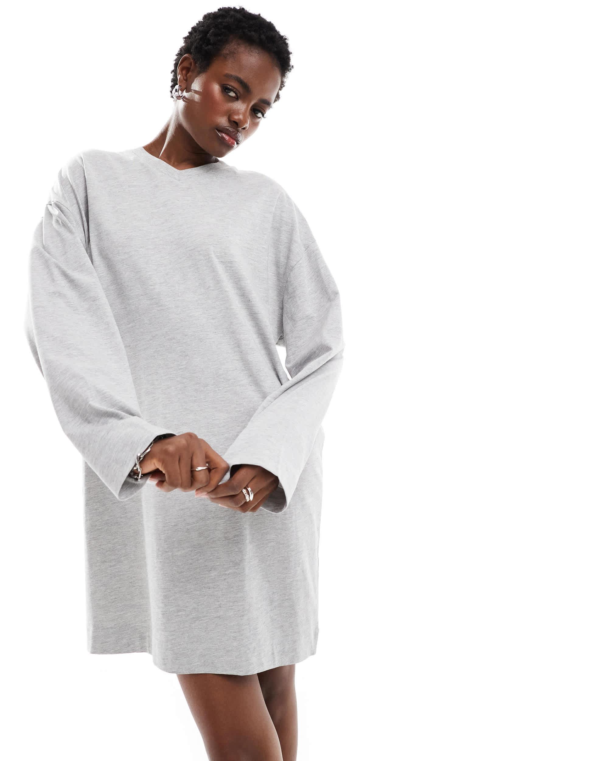 COLLUSION long sleeve v-neck t-shirt dress in heather gray